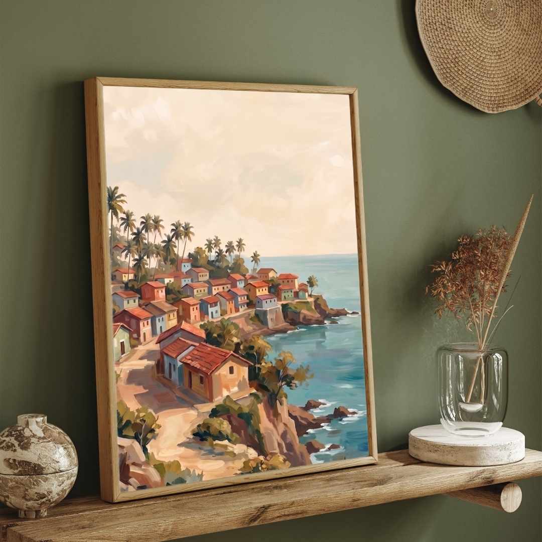 "Konkan Village" Seascape Architecture Giclée Print | Fine Art Wall Art 2 : 3 Vertical Premium Wall Art Canvas by MeriDeewar