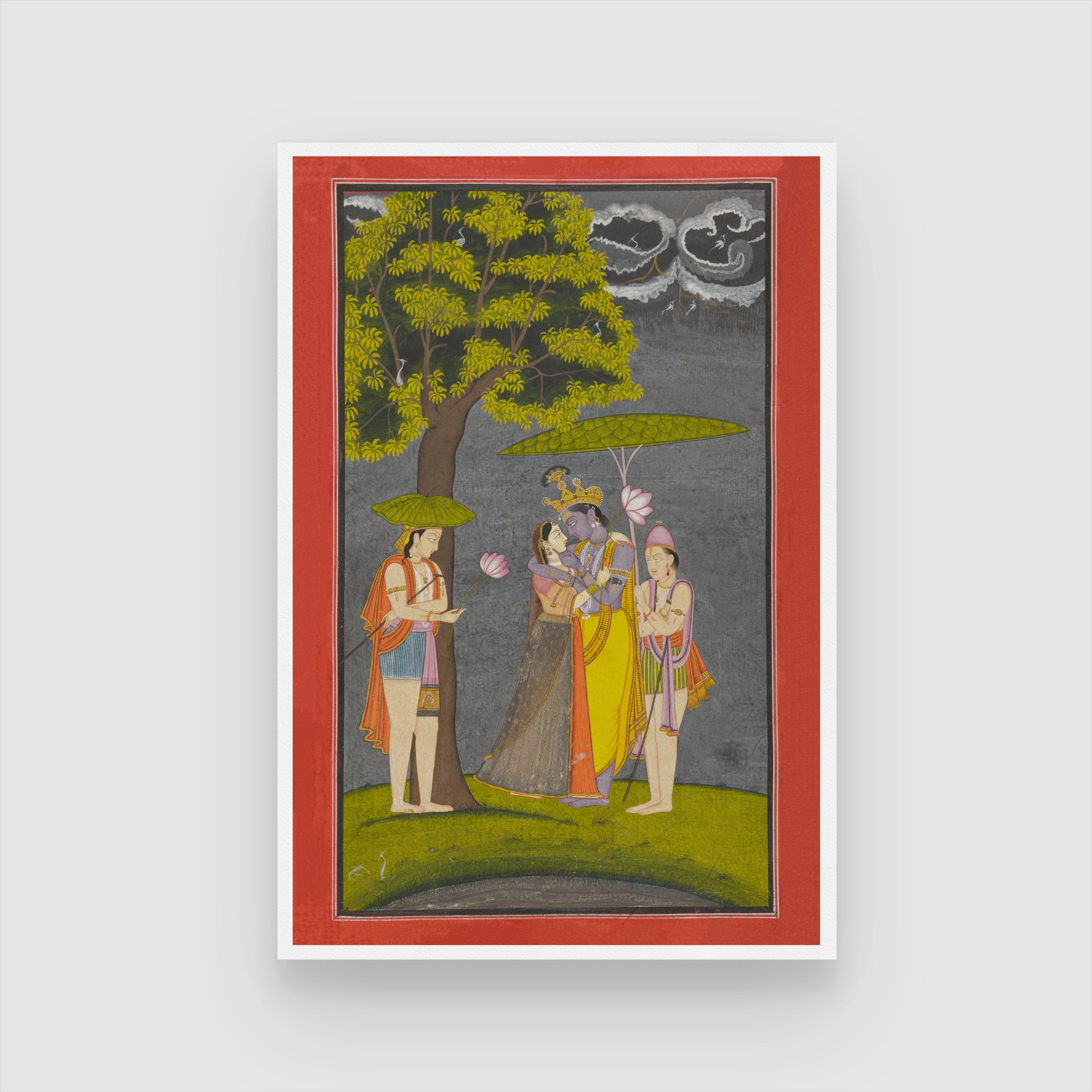 Krishna and Radha Sheltering from the Rain 2 : 3 Vertical Premium Wall Art Canvas by MeriDeewar