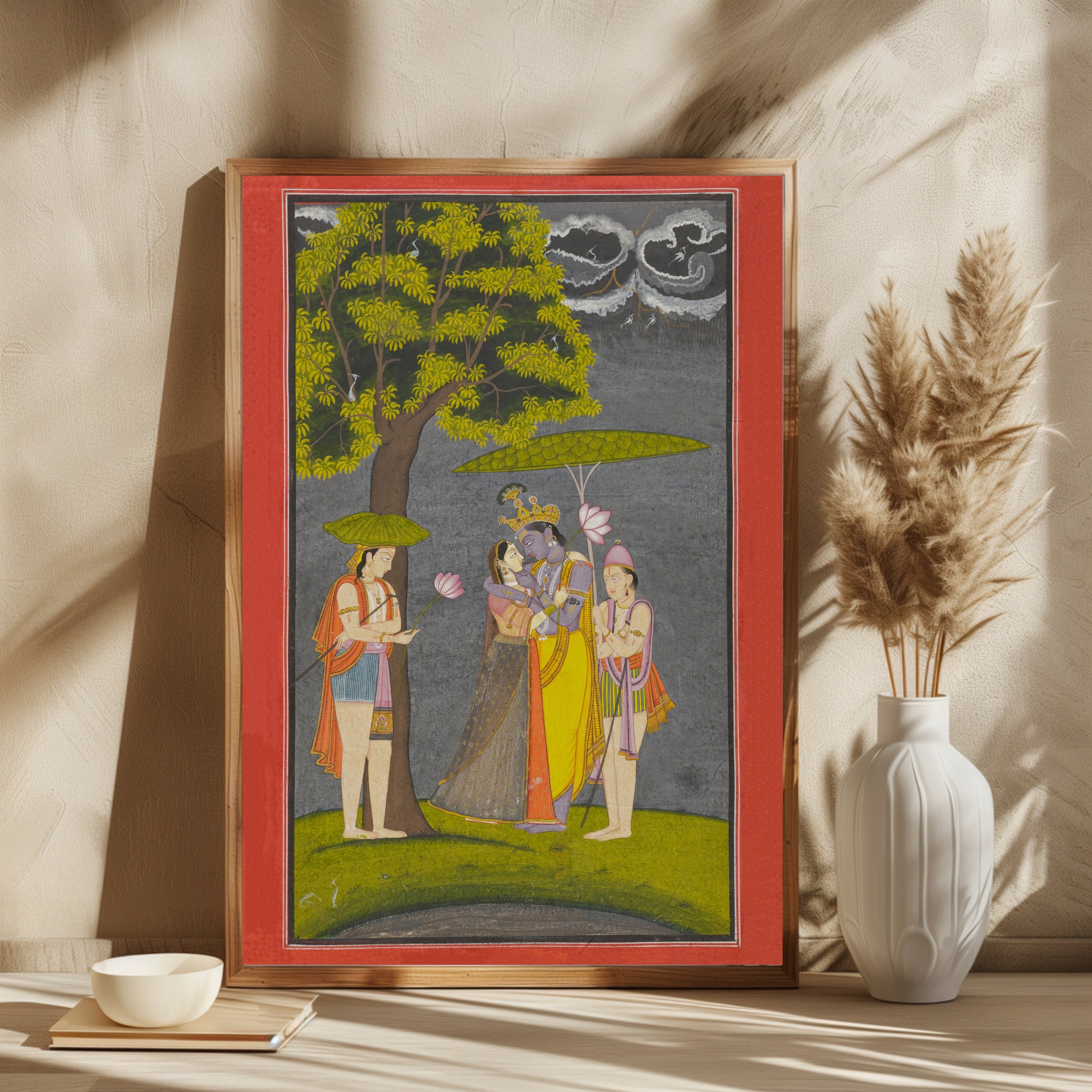 Krishna and Radha Sheltering from the Rain 2 : 3 Vertical Premium Wall Art Canvas by MeriDeewar