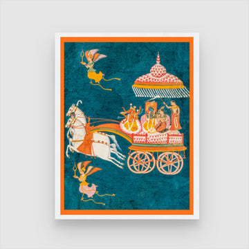Krishna and Rukmini in a Celestial Chariot Driven by Ganesha 3 : 4 Vertical New Premium Wall Art Canvas by MeriDeewar