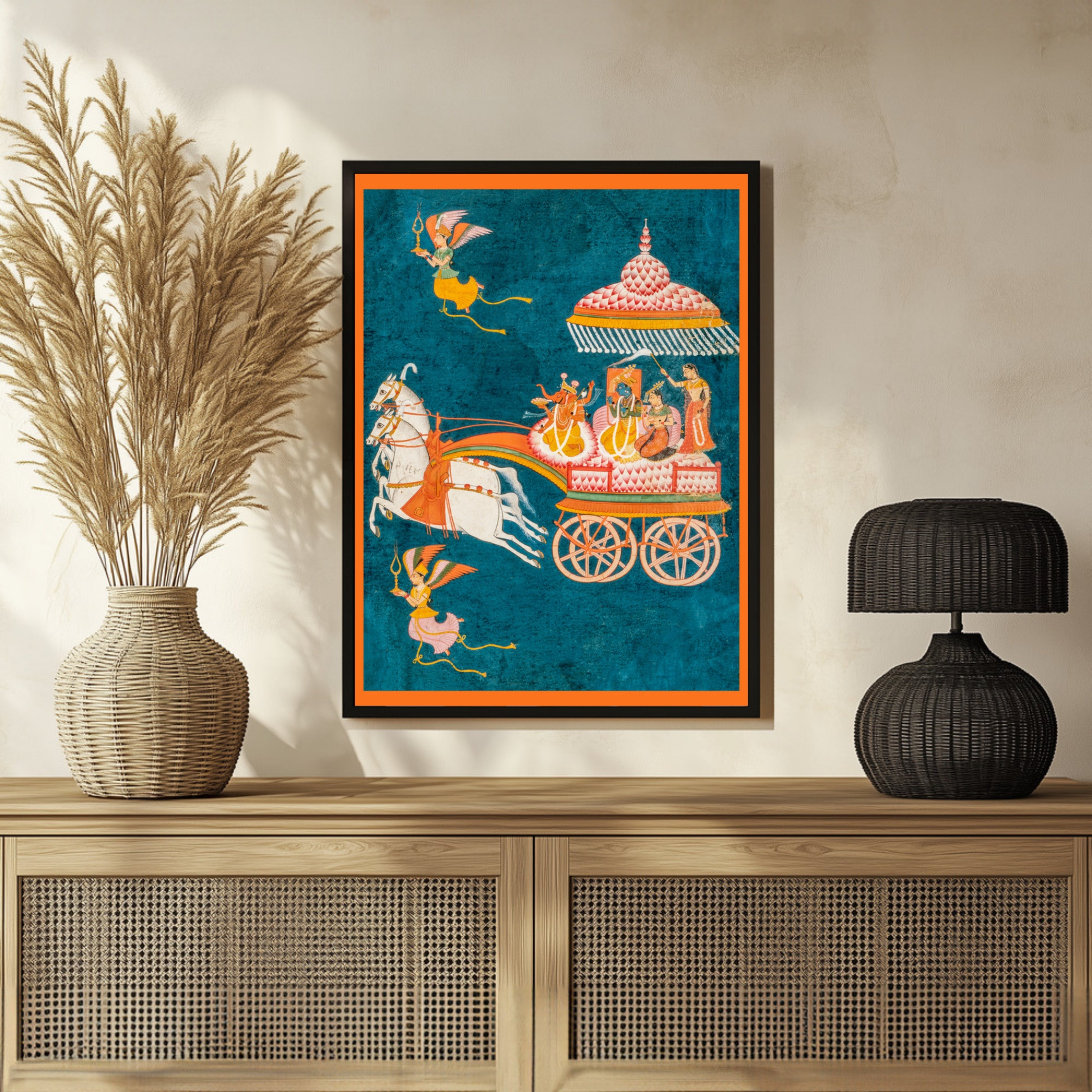 Krishna and Rukmini in a Celestial Chariot Driven by Ganesha 3 : 4 Vertical New Premium Wall Art Canvas by MeriDeewar