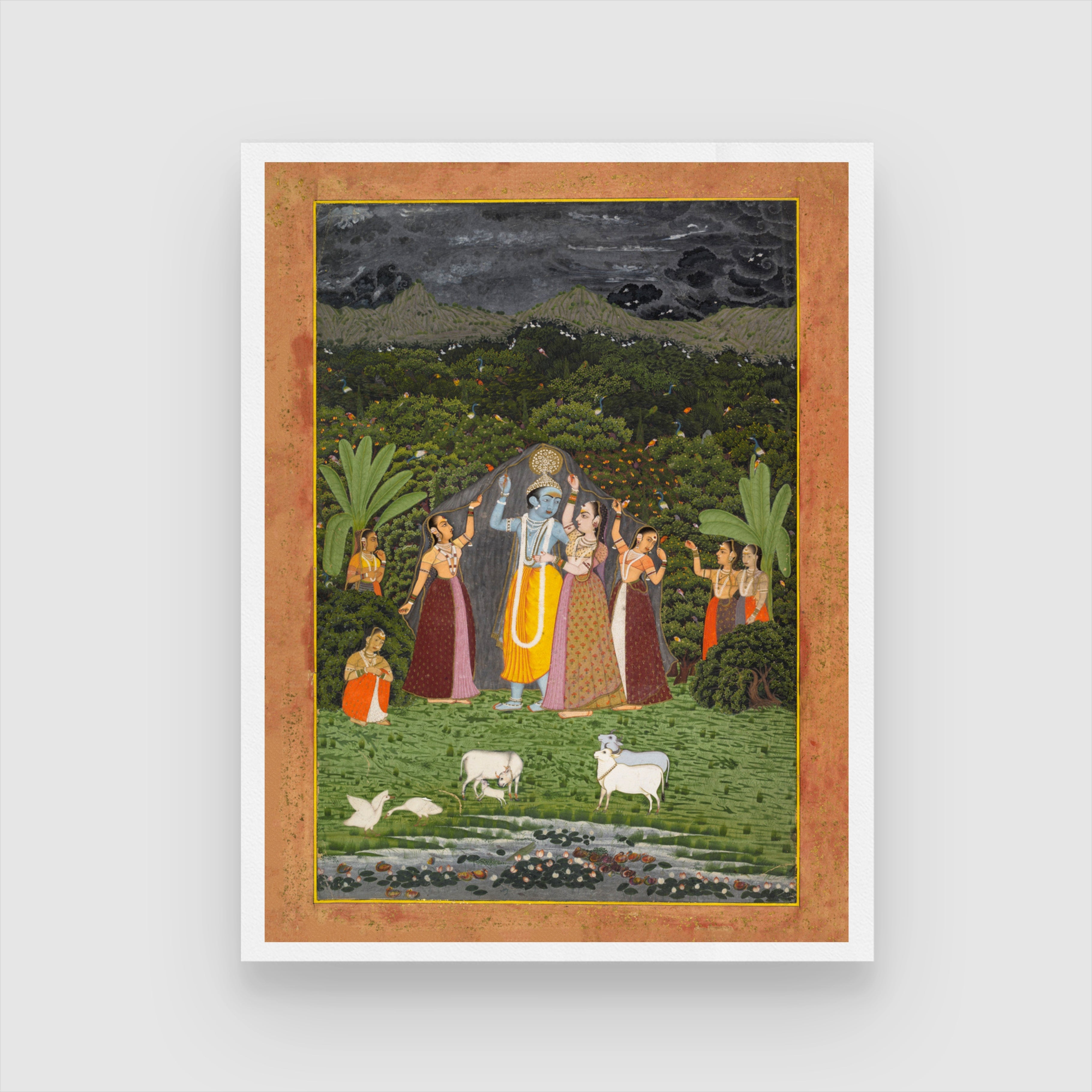 Krishna and The Gopis Take Shelter from the Rain 3 : 4 Vertical New Premium Wall Art Canvas by MeriDeewar
