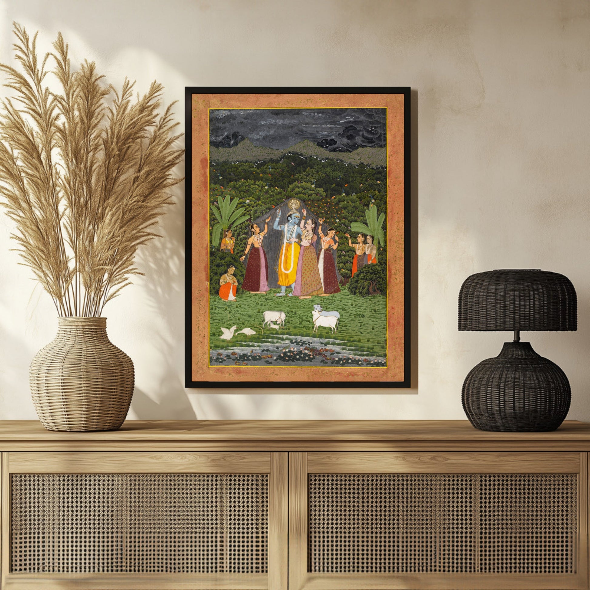 Krishna and The Gopis Take Shelter from the Rain 3 : 4 Vertical New Premium Wall Art Canvas by MeriDeewar