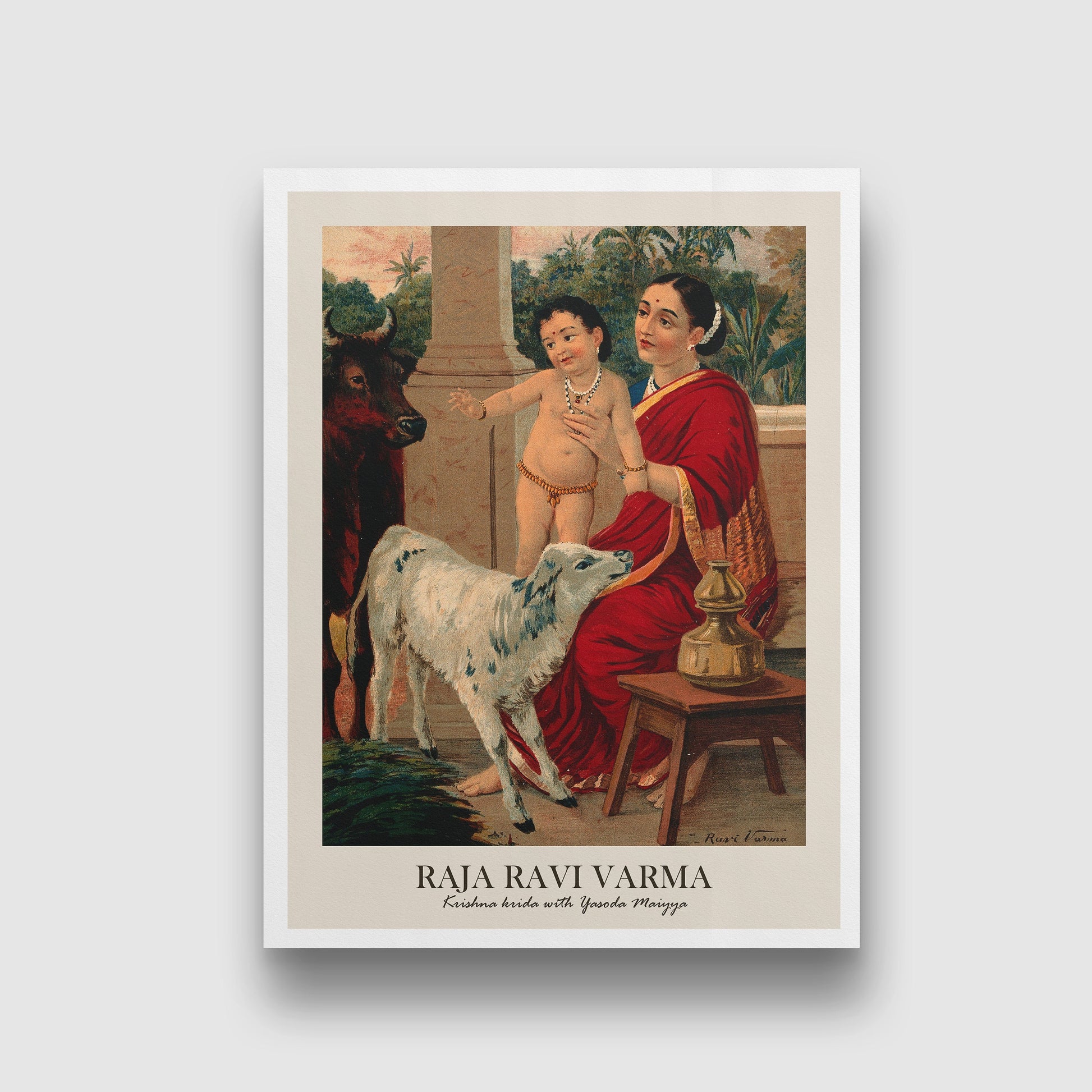 Krishna as an infant on Yashoda's lap playing with a cow and Wellcome 3 : 4 Vertical New Premium Wall Art Canvas by MeriDeewar