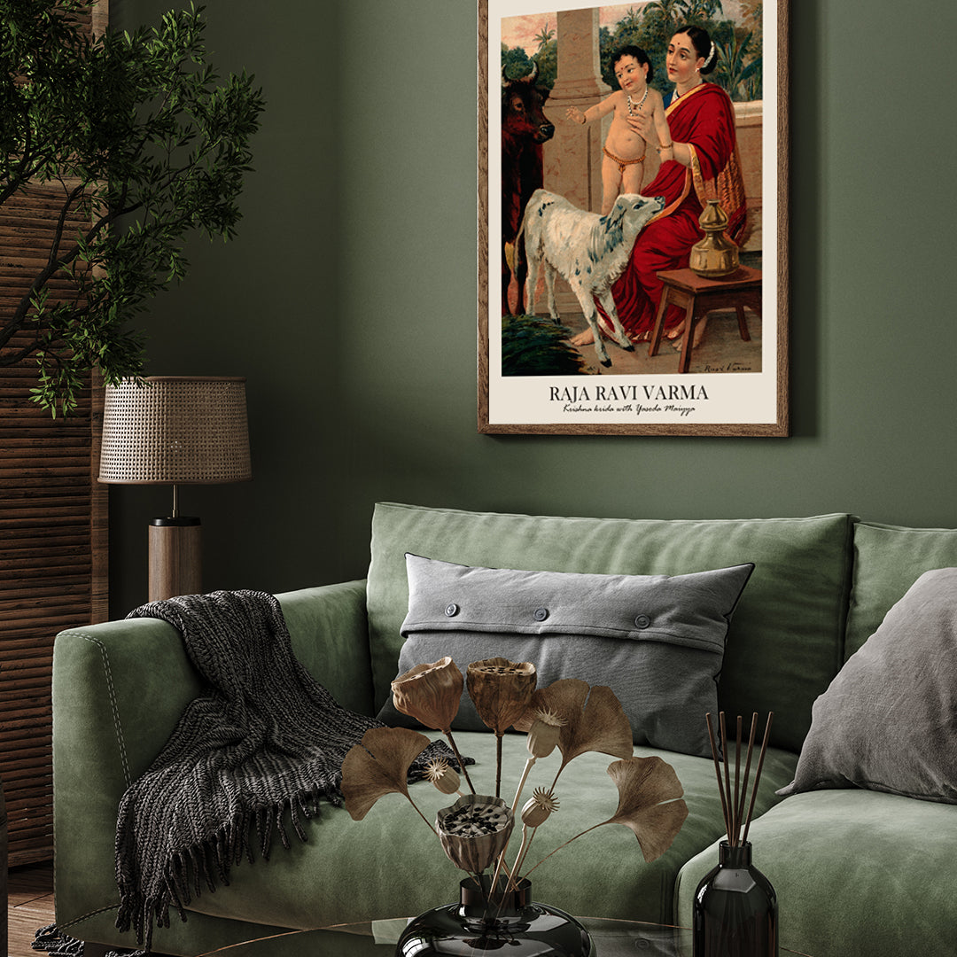 Krishna as an infant on Yashoda's lap playing with a cow and Wellcome 3 : 4 Vertical New Premium Wall Art Canvas by MeriDeewar