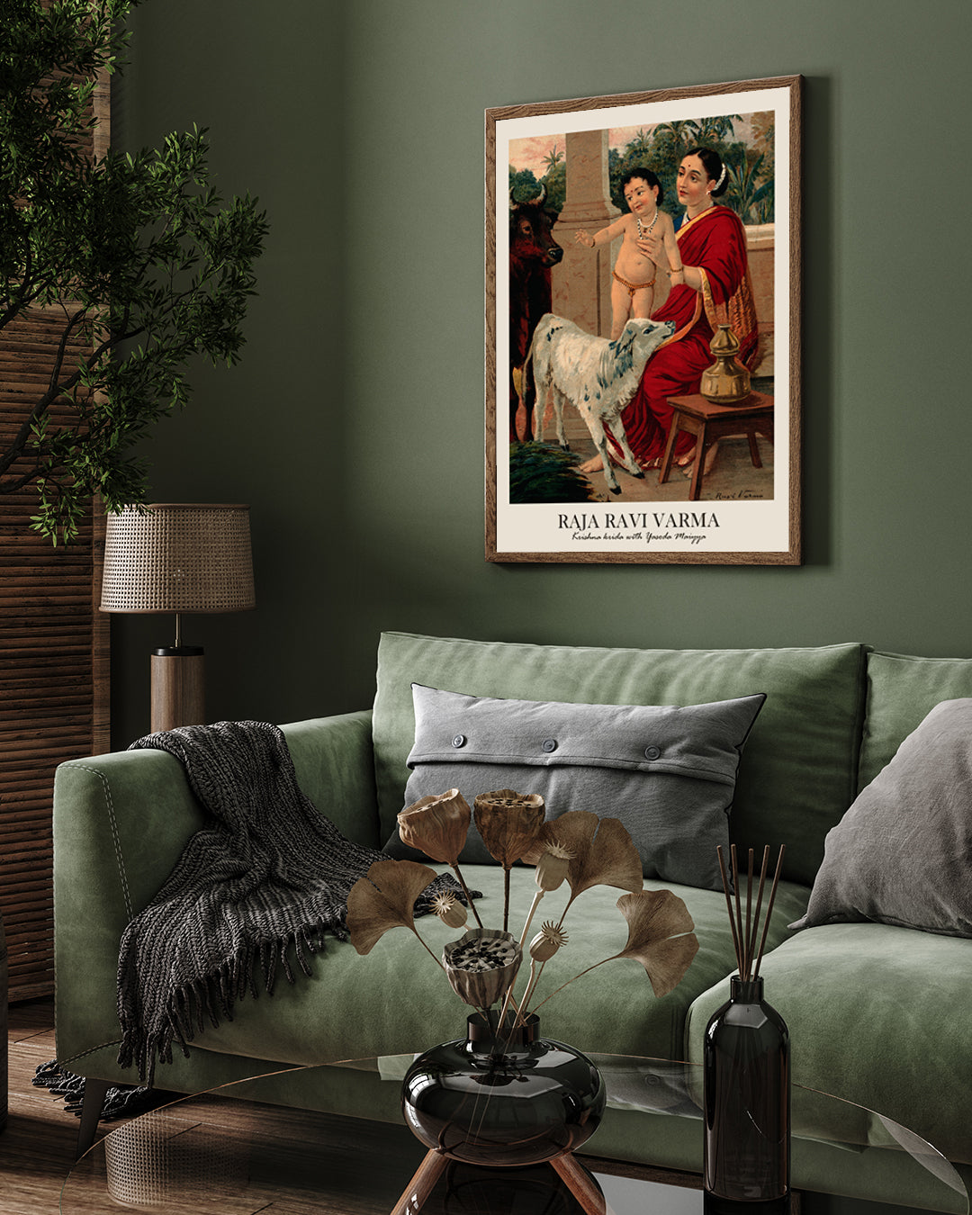 Krishna as an infant on Yashoda's lap playing with a cow and Wellcome 3 : 4 Vertical New Premium Wall Art Canvas by MeriDeewar