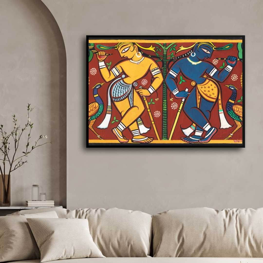 Krishna Balarama Painting for Living Room – Indian Folk Art Wall Decor | MeriDeewar 3 : 2 Horizontal Premium Wall Art Canvas by MeriDeewar