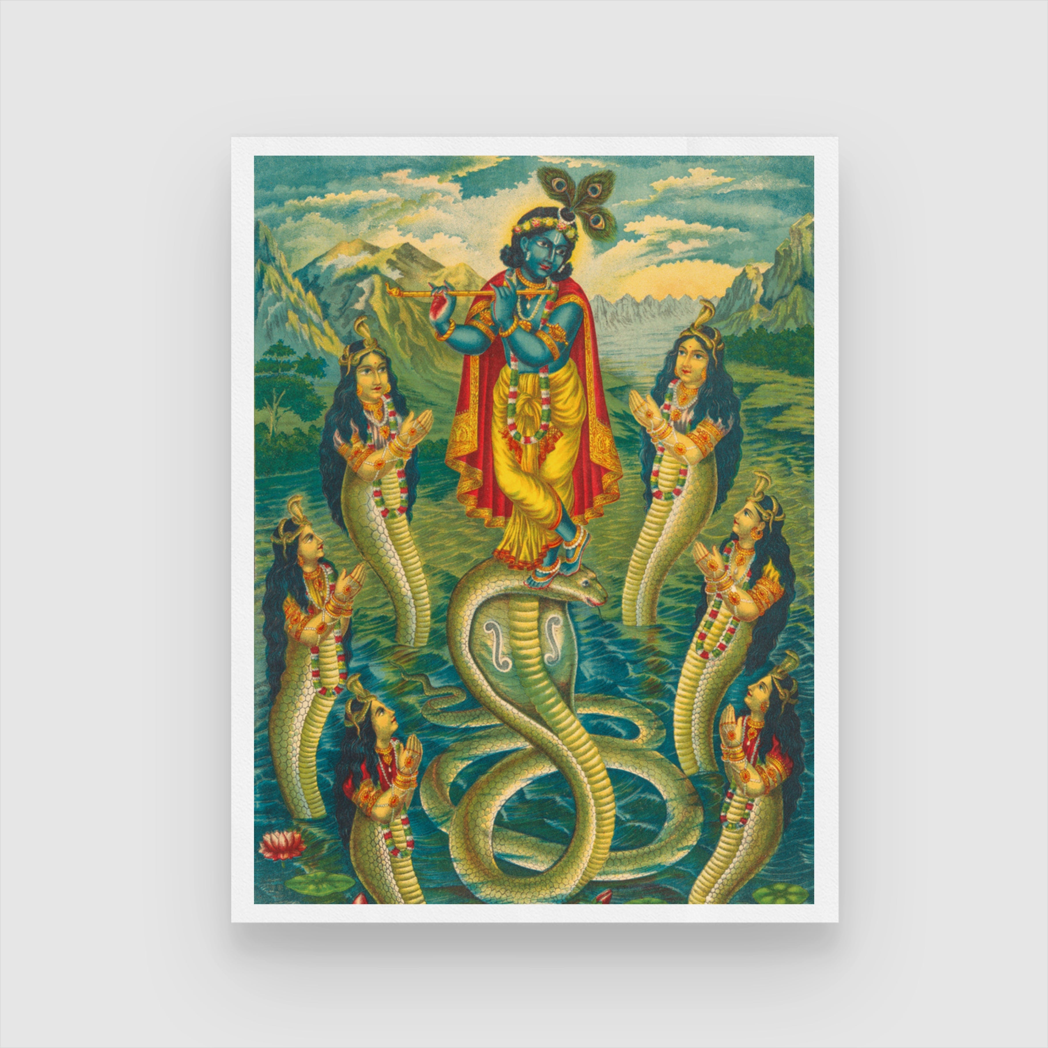 Krishna Dancing on Snake Demon Kaliya and Surrounded Painting 3 : 4 Vertical New Premium Wall Art Canvas by MeriDeewar