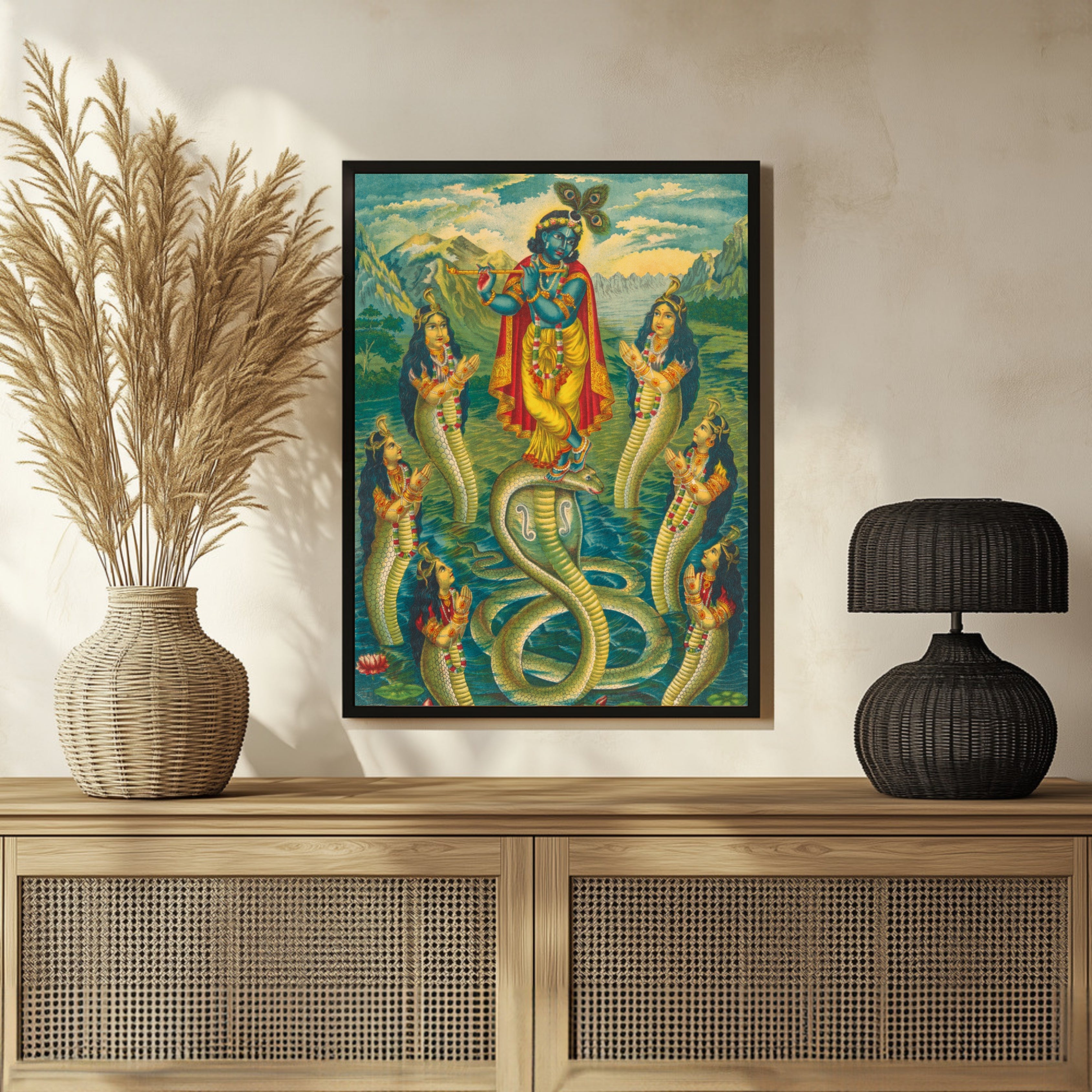 Krishna Dancing on Snake Demon Kaliya and Surrounded Painting 3 : 4 Vertical New Premium Wall Art Canvas by MeriDeewar