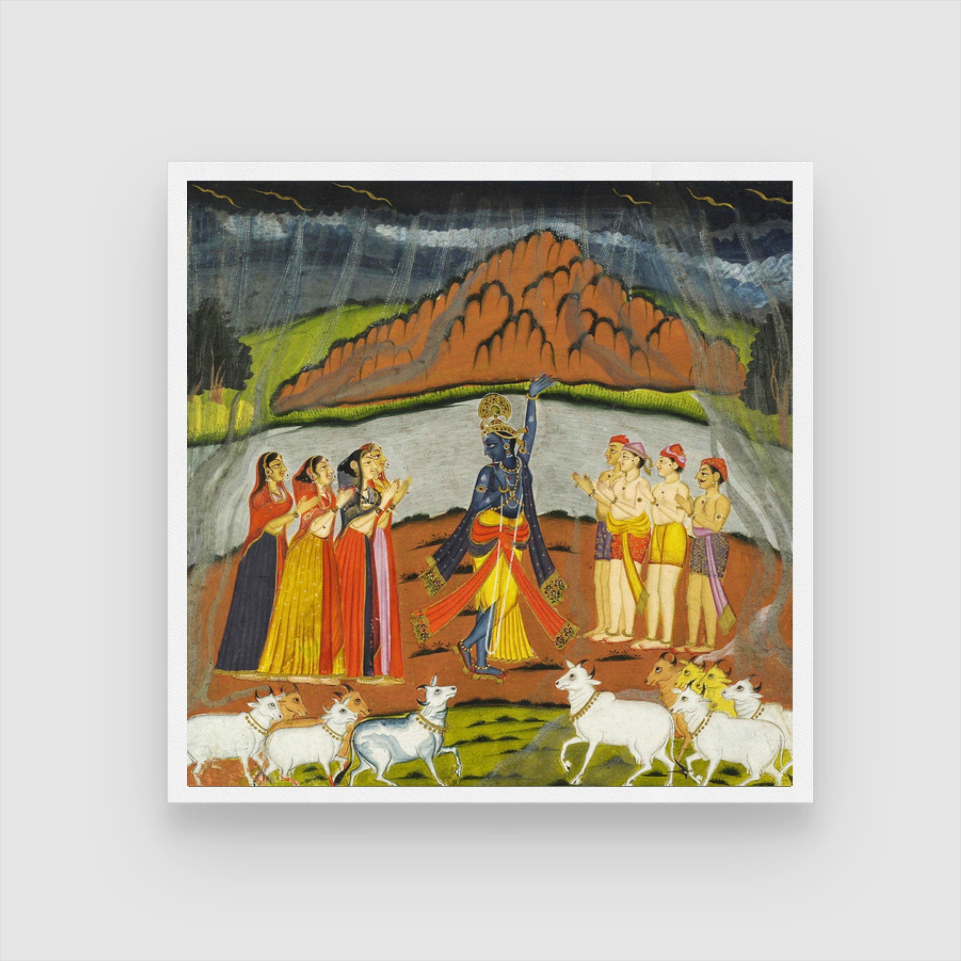 Krishna lifting Mount Govardhana Painting 1 : 1 Square Premium Wall Art Canvas by MeriDeewar