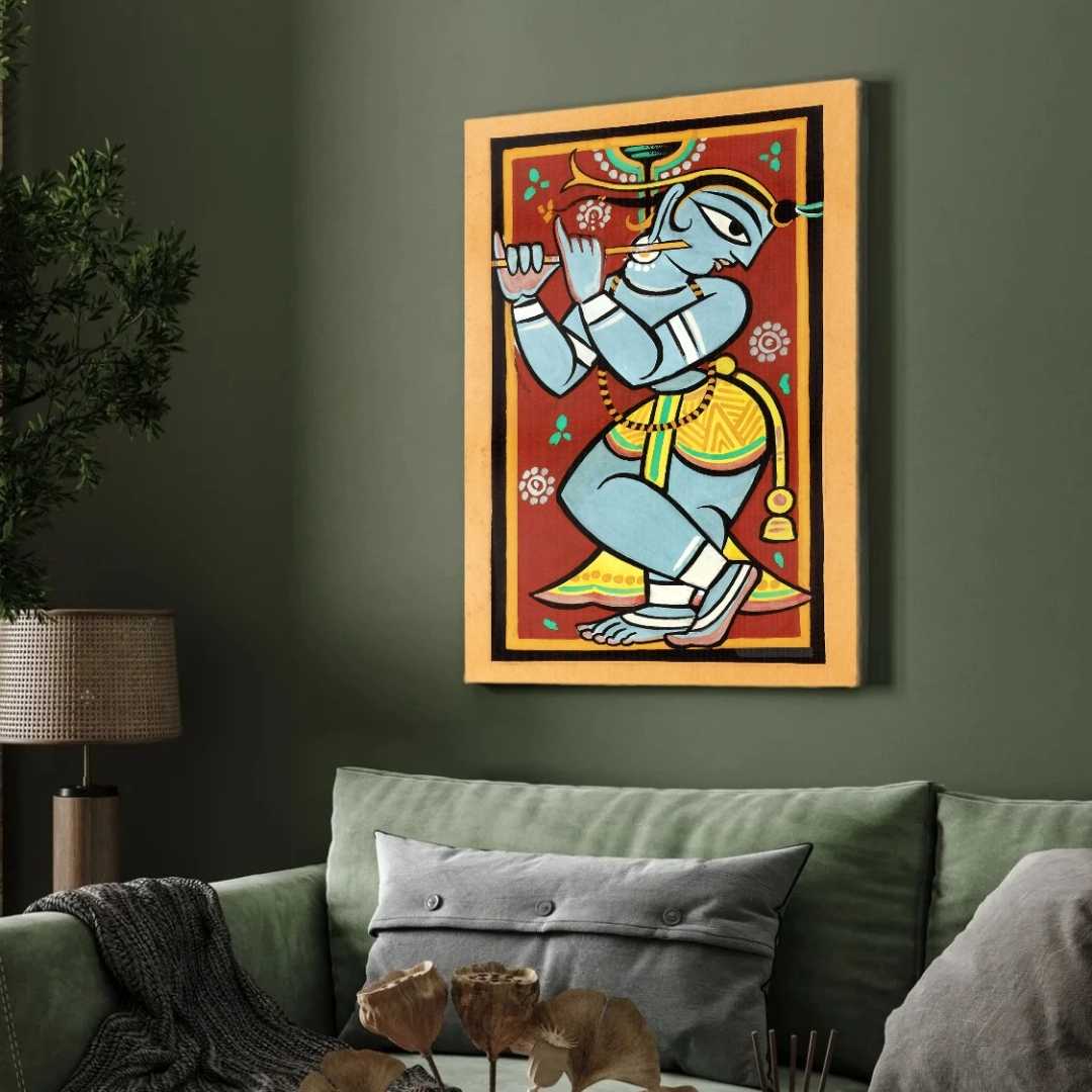 Krishna Painting for Living Room | Jamini Roy Style Folk Art | Spiritual Wall Art India 2 : 3 Vertical Premium Wall Art Canvas by MeriDeewar