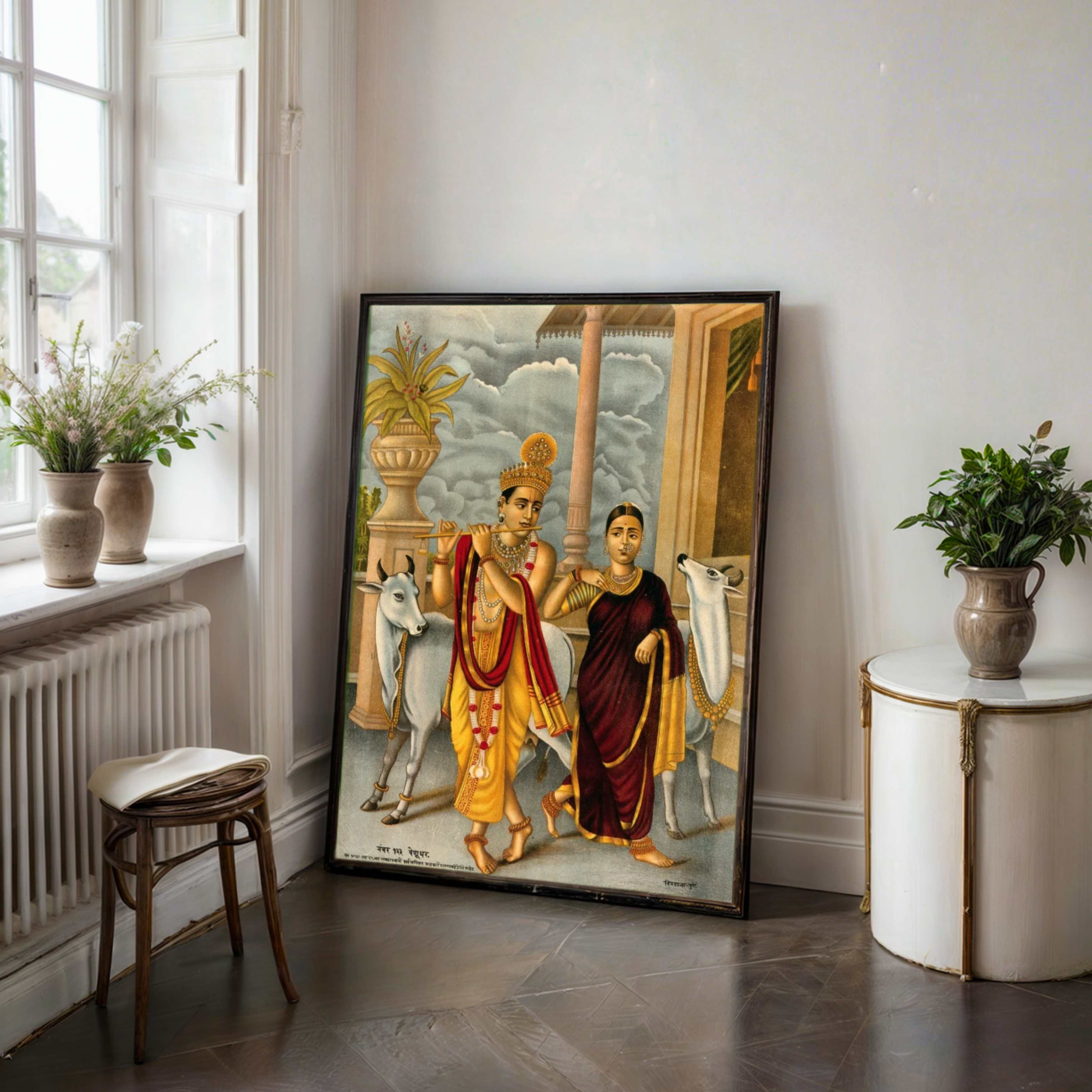 Krishna Playing Flute with Radha Painting | Spiritual Wall Art for Living Room & Pooja Room 3 : 4 Vertical Premium Wall Art Canvas by MeriDeewar