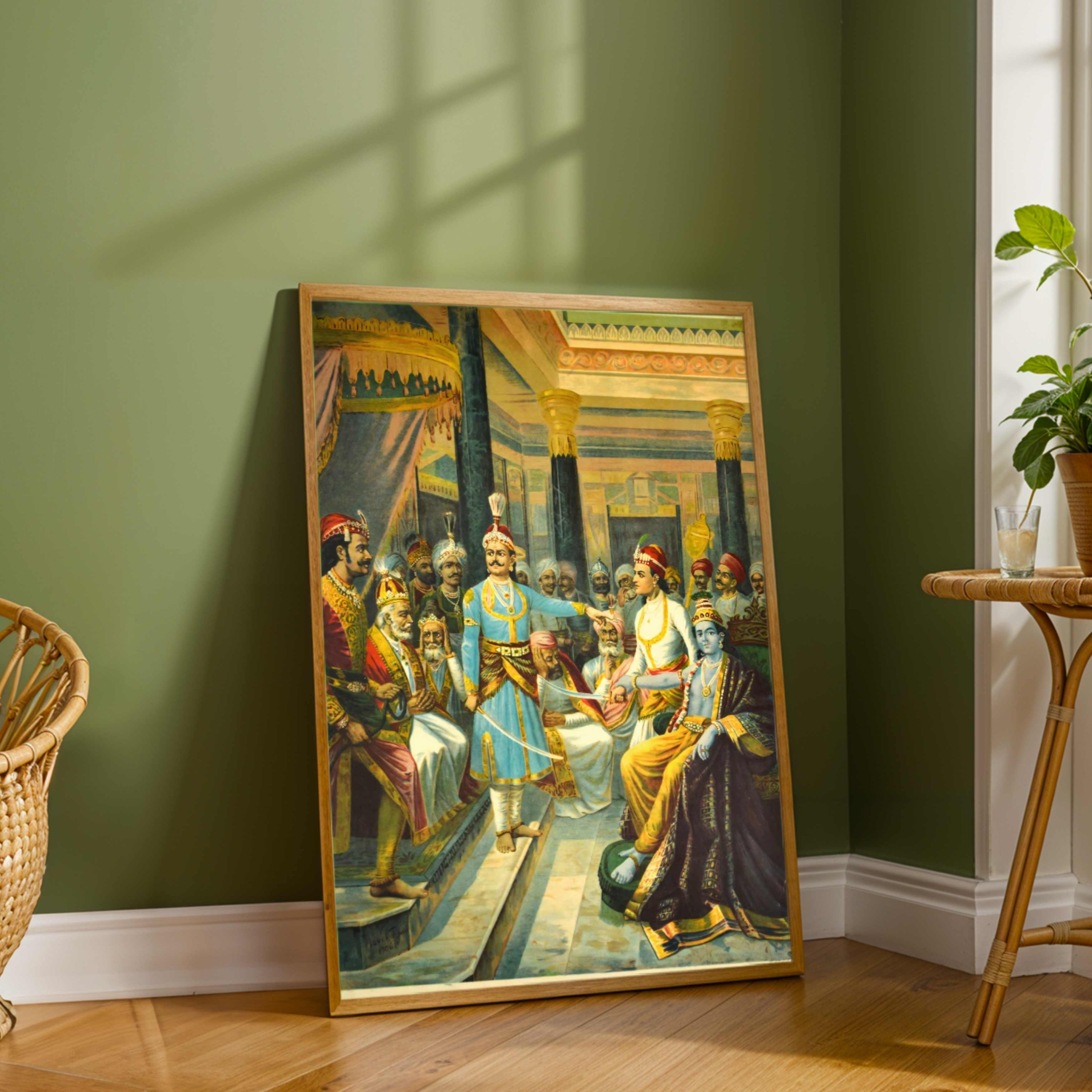 Krishna Shishtai Mahabharata Painting for Living Room | Raja Ravi Varma Art Print 3 : 4 Vertical Premium Wall Art Canvas by MeriDeewar