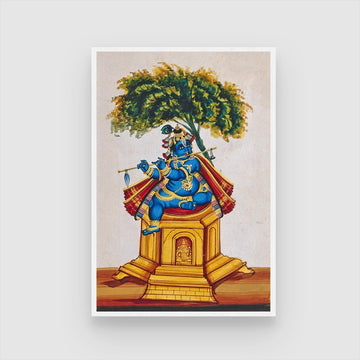 Krishna sitting on top of a temple, playing the flute Painting 2 : 3 Vertical Premium Wall Art Canvas by MeriDeewar