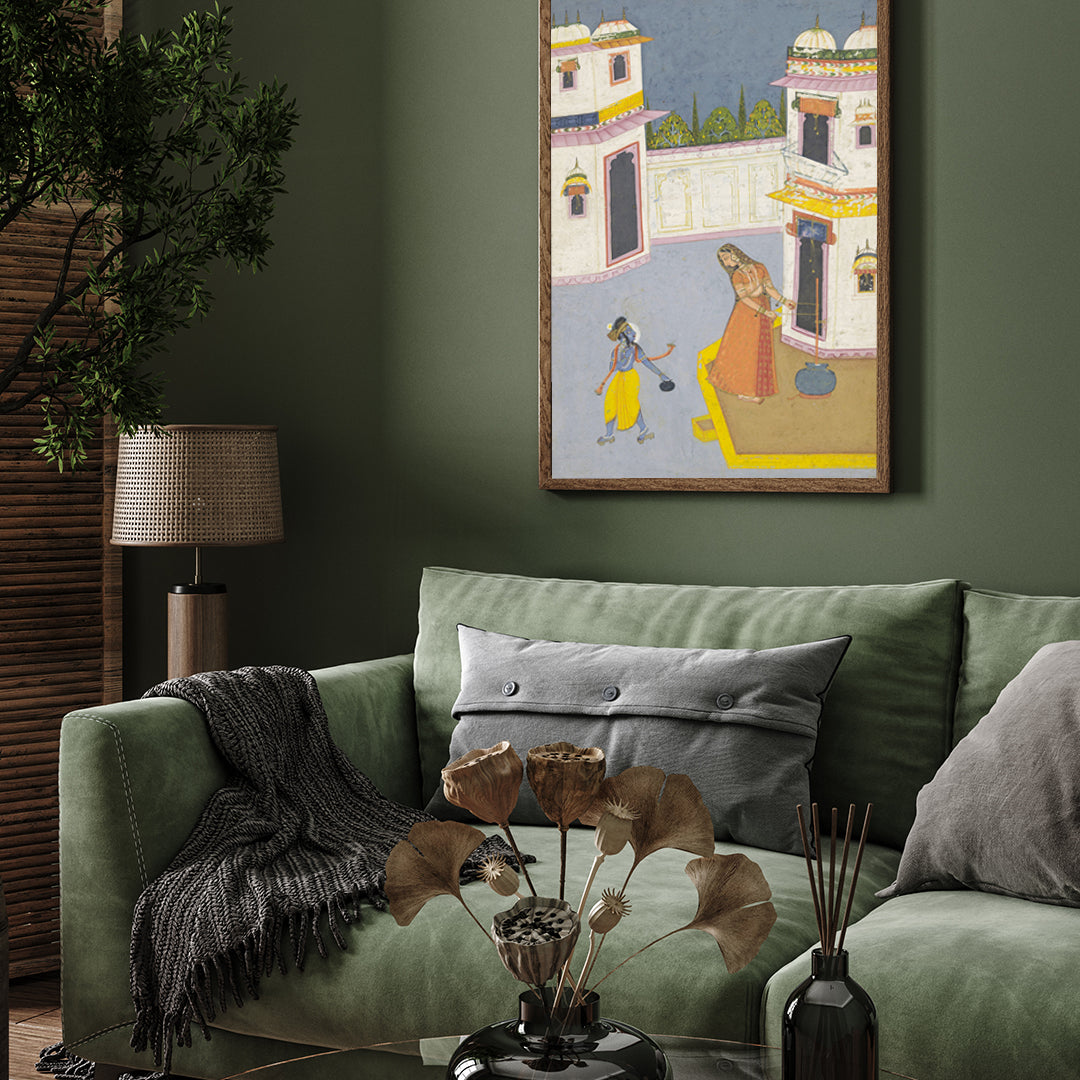 Krishna Steals Butter From The Churning Yasoda Painting 2 : 3 Vertical Premium Wall Art Canvas by MeriDeewar