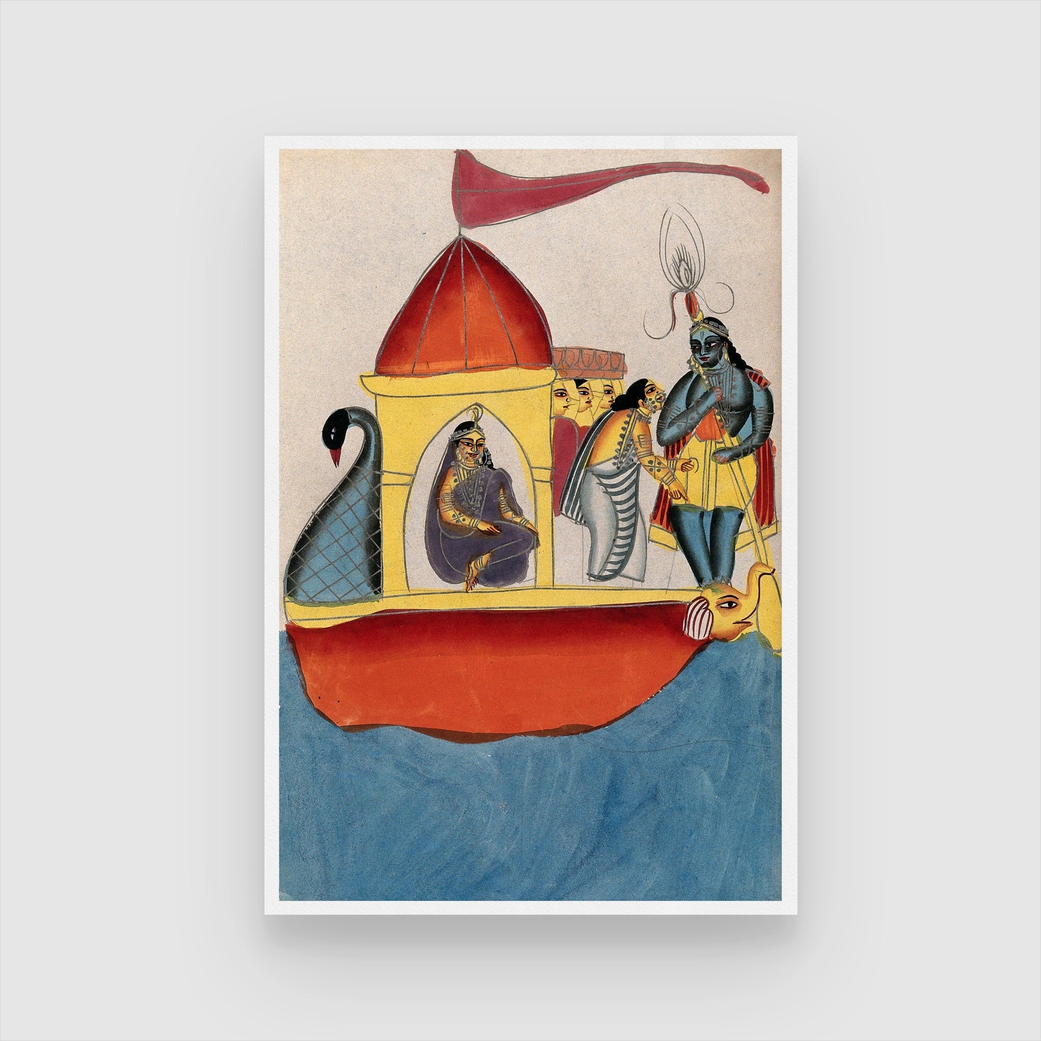 Krishna steering a peacock-headed boat carrying five women Painting 2 : 3 Vertical Premium Wall Art Canvas by MeriDeewar