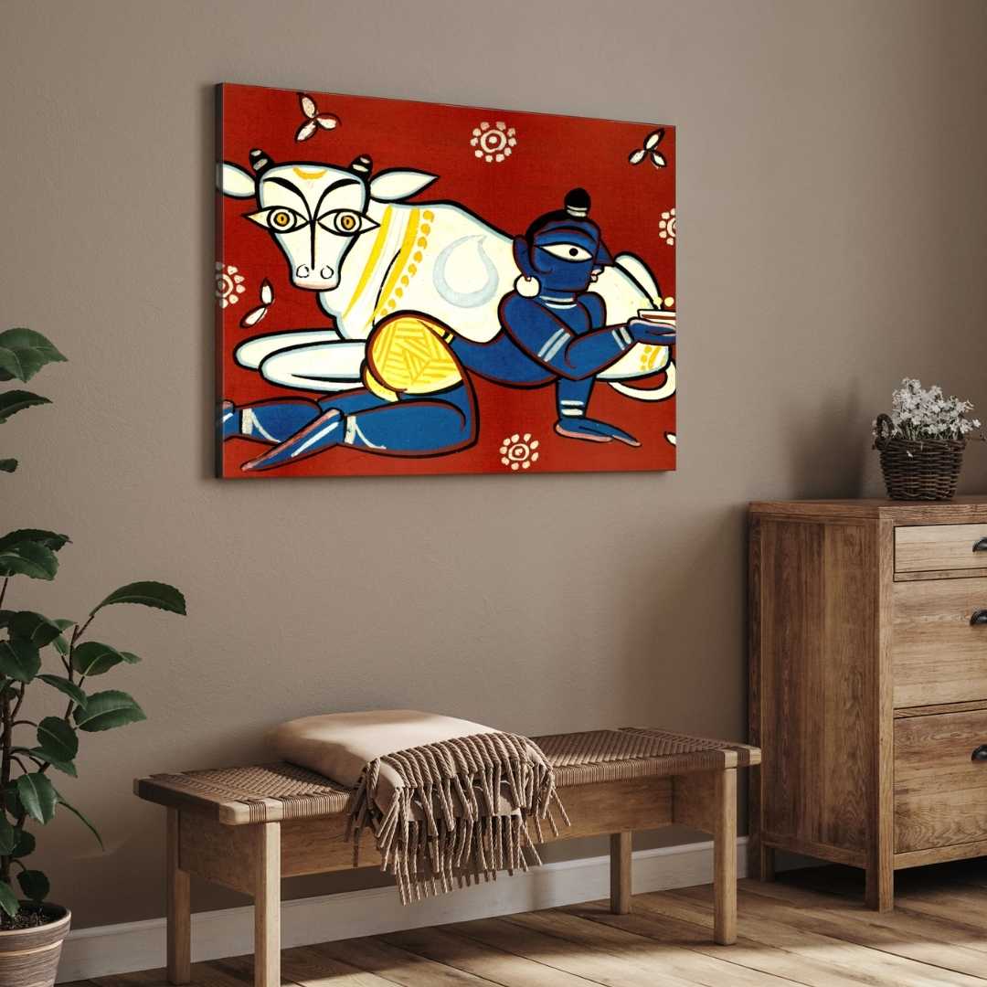 Krishna with Cow Painting for Living Room | Jamini Roy Style Spiritual Wall Art | MeriDeewar 3 : 2 Horizontal Premium Wall Art Canvas by MeriDeewar