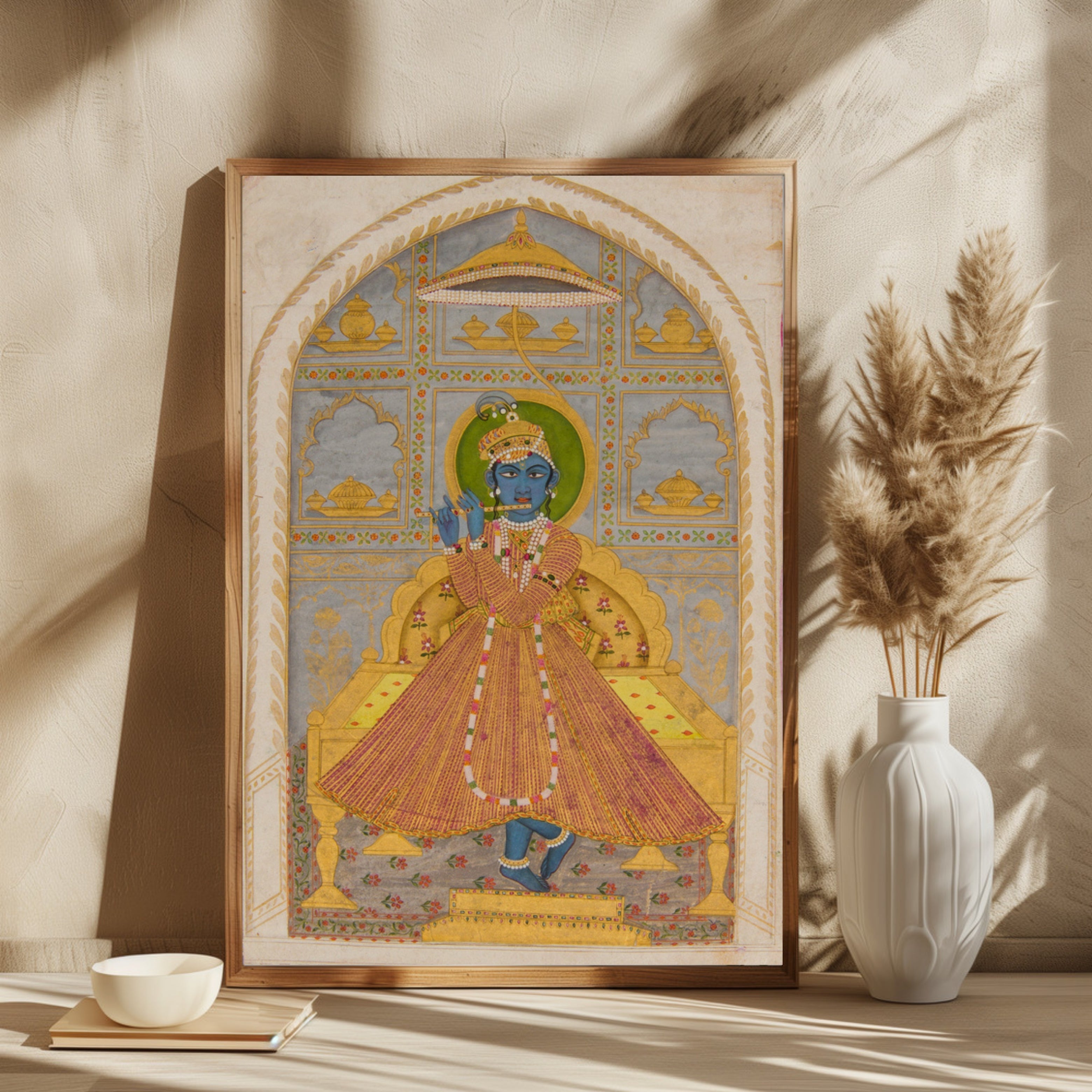 Krishna with mughal clothes, Rajasthani painting 2 : 3 Vertical Premium Wall Art Canvas by MeriDeewar