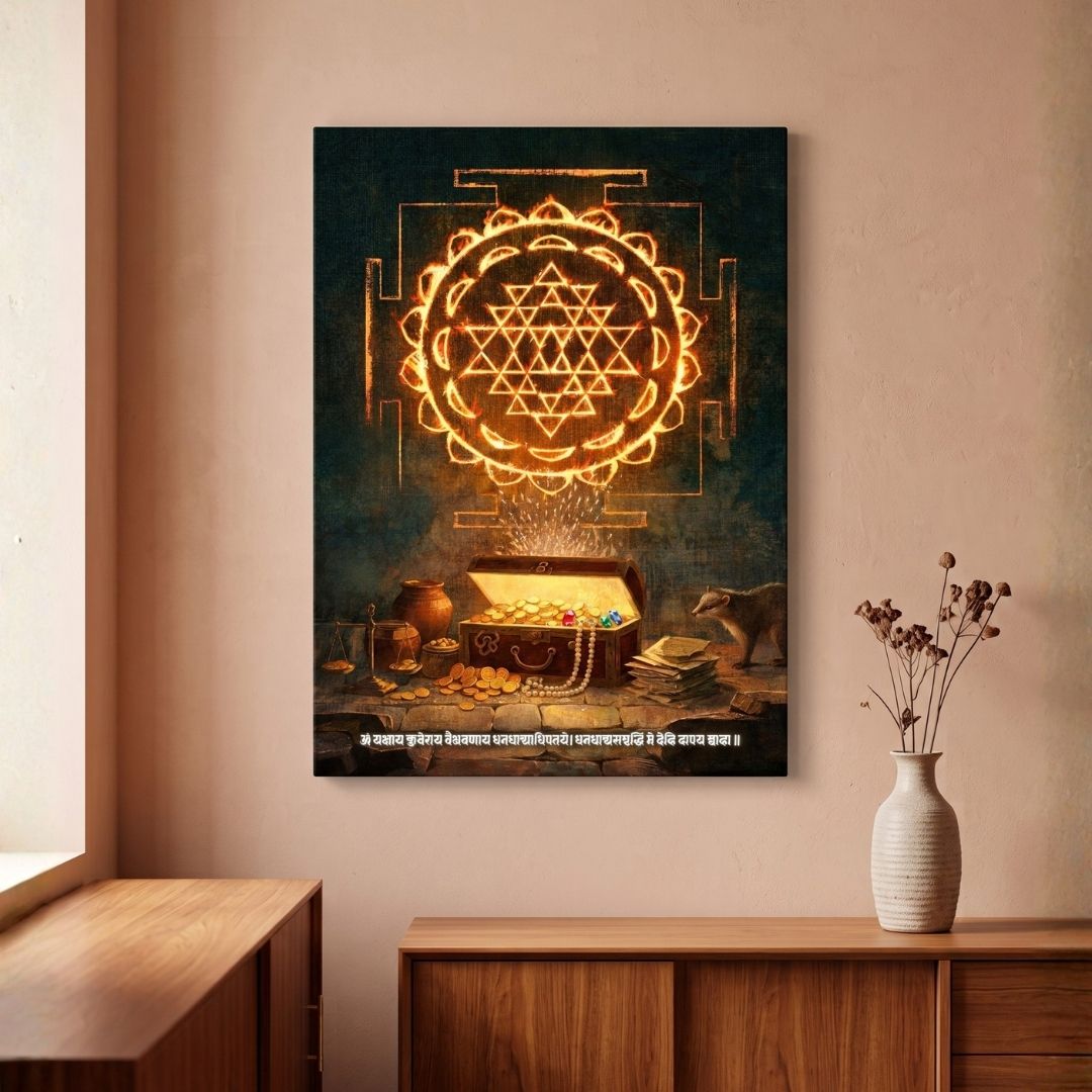 Kubera Dhan Labh | Sacred Kuber Yantra, Treasure Vault & Mantra Vertical Canvas Art. Curate Premium Wall Art Canvas by MeriDeewar