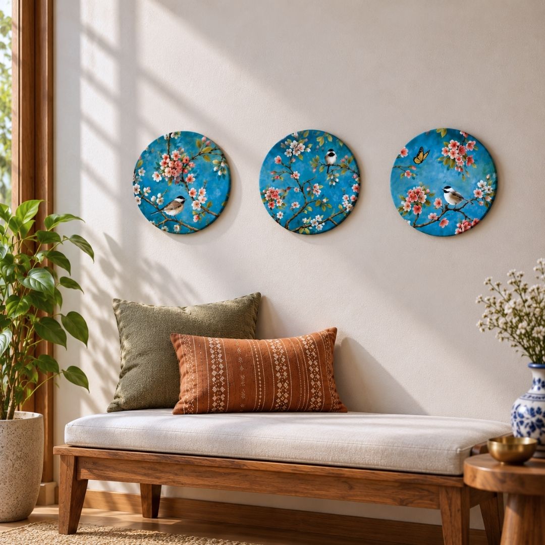 Kusum | Indian Wall Art Set of 3 Round Canvas Curate Premium Wall Art Canvas by MeriDeewar