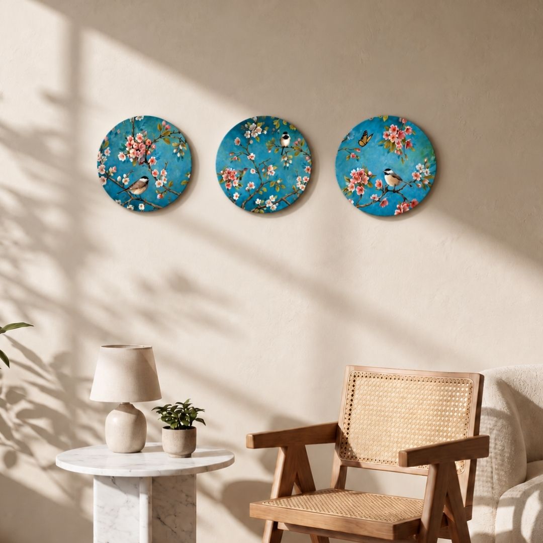 Kusum | Indian Wall Art Set of 3 Round Canvas Curate Premium Wall Art Canvas by MeriDeewar