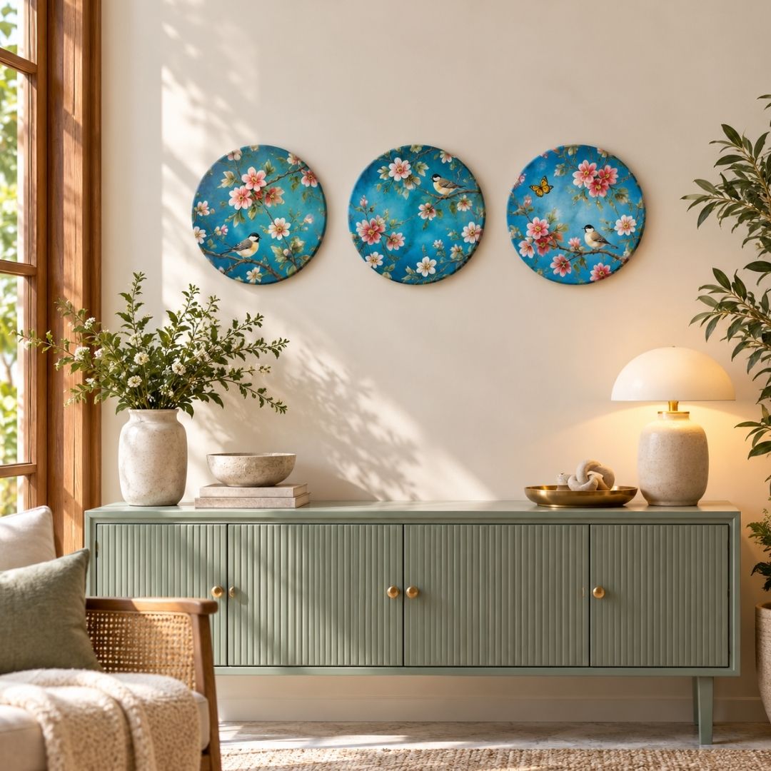 Kusum | Indian Wall Art Set of 3 Round Canvas Curate Premium Wall Art Canvas by MeriDeewar