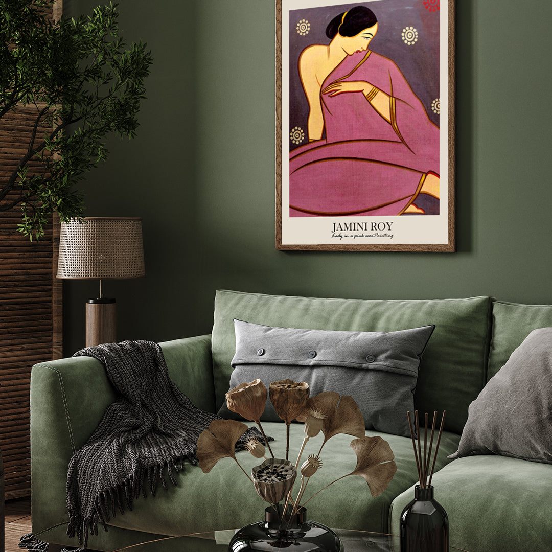 Lady in a pink sari Painting by Jamini Roy 3 : 4 Vertical New Premium Wall Art Canvas by MeriDeewar