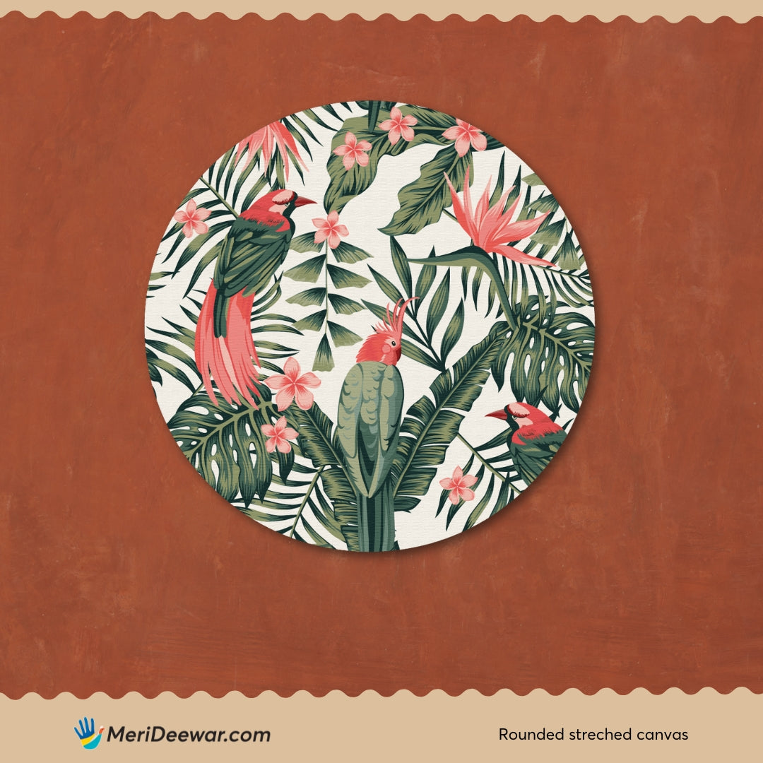 Leaves, flowers and birds Circular Canvas Frame Circular Canvas Frame Premium Wall Art Canvas by MeriDeewar