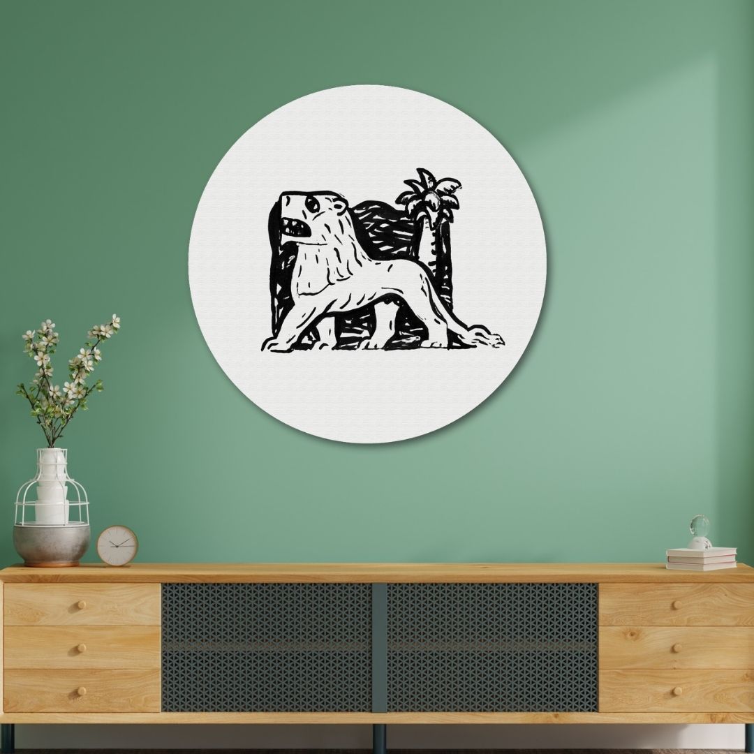 Lion stands in front of a palm tree Painting Circular Canvas Frame Circular Canvas Frame Premium Wall Art Canvas by MeriDeewar