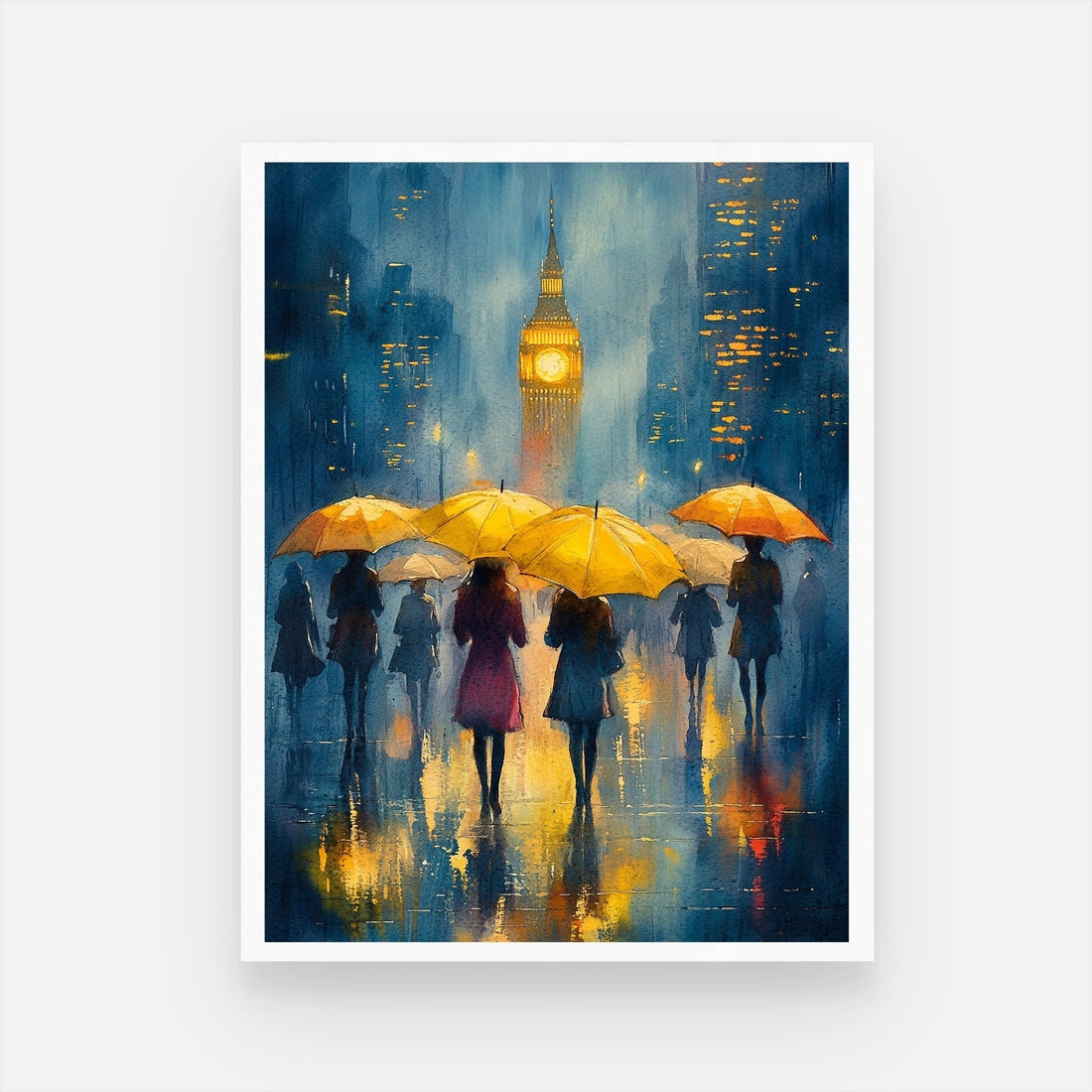 London Rain Watercolor Painting - Urban Art for Home Decor 3 : 4 Vertical New Premium Wall Art Canvas by MeriDeewar