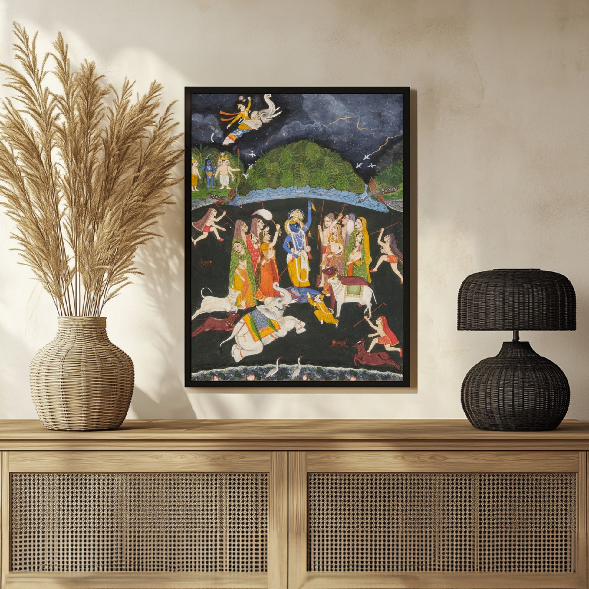 Lord Krishna Lifting Mount Govardhan 3 : 4 Vertical New Premium Wall Art Canvas by MeriDeewar