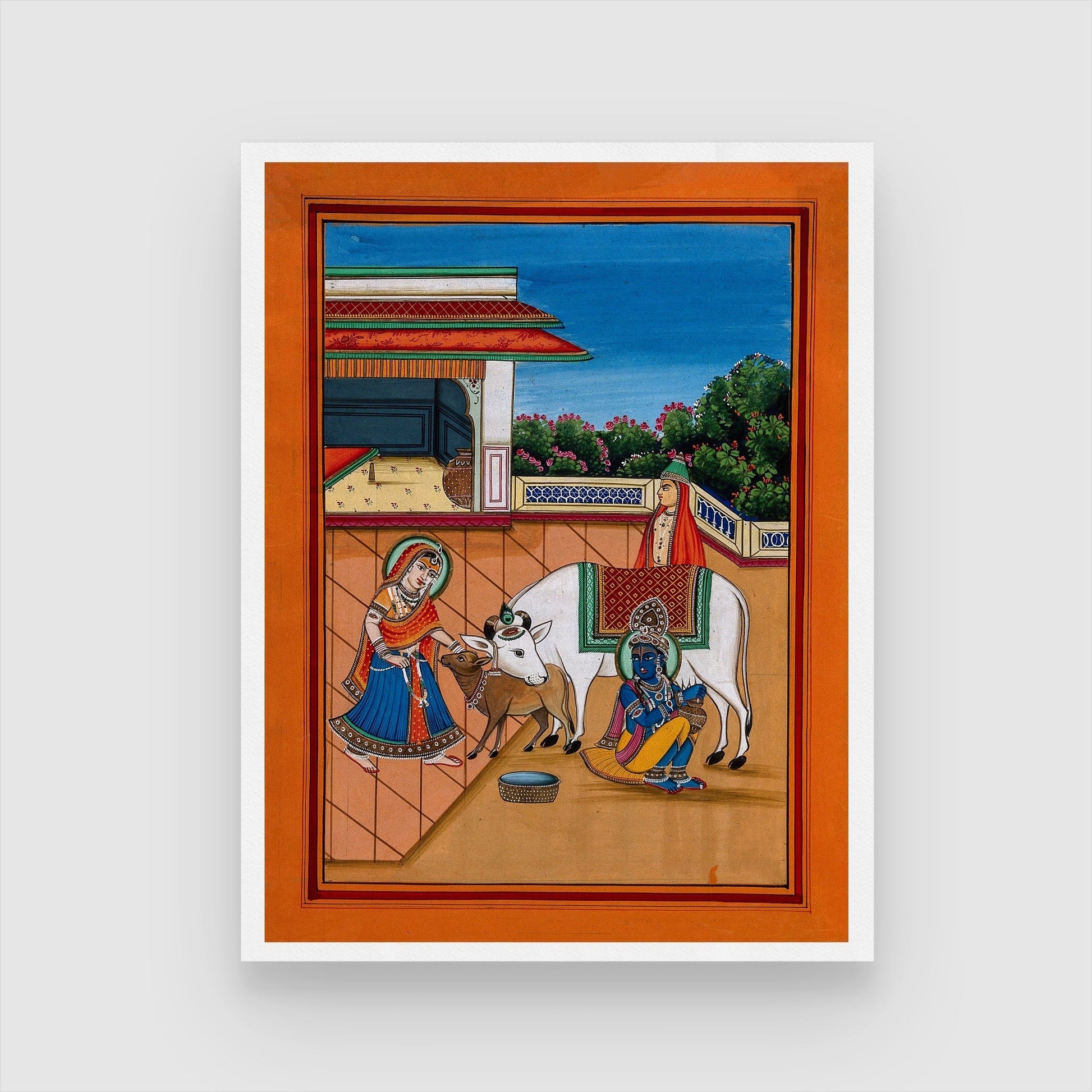 Lord Krishna milking the cow Painting 3 : 4 Vertical New Premium Wall Art Canvas by MeriDeewar