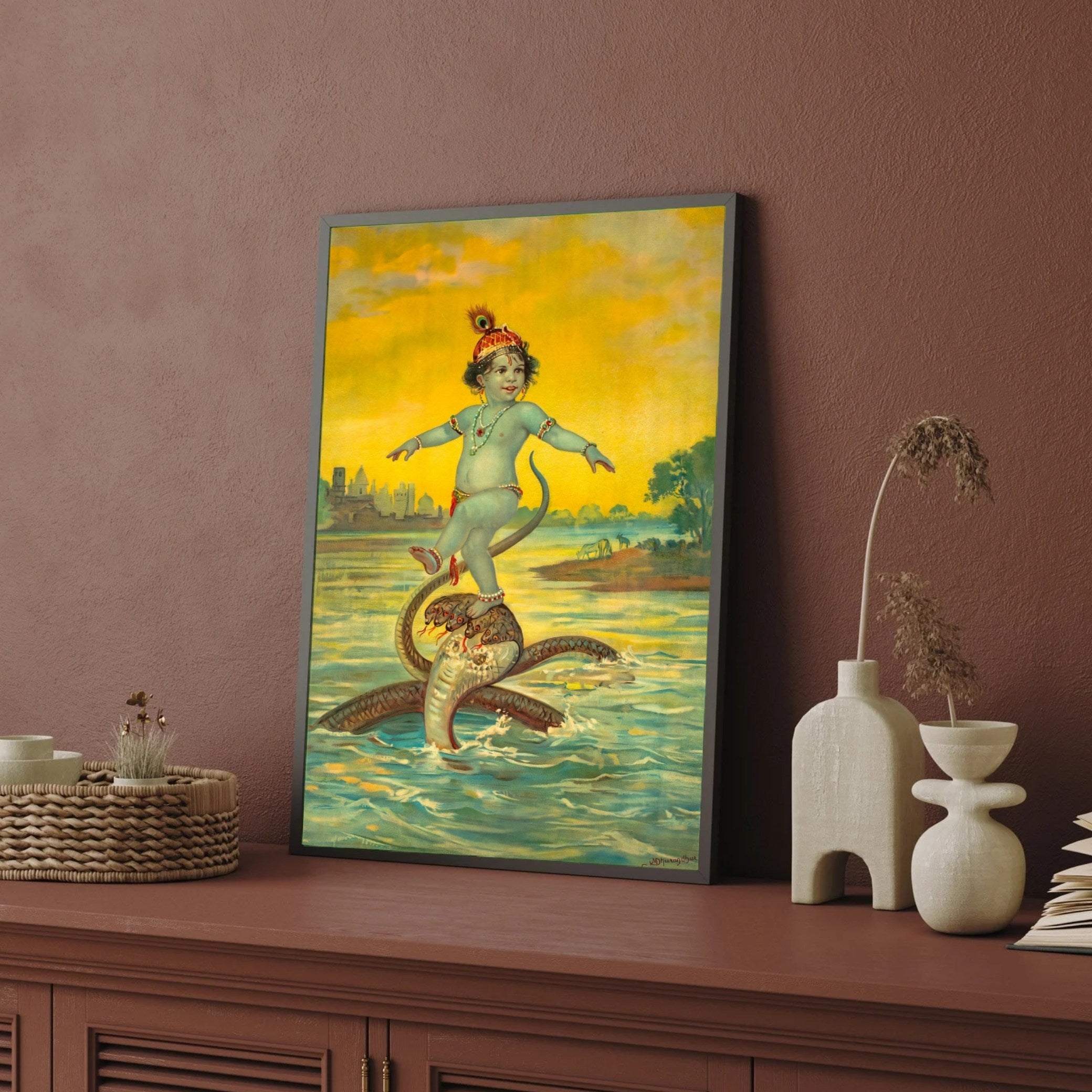 Lord Krishna's Triumph Over Kaliya - The Dance of Victory Painting 2 : 3 Vertical Premium Wall Art Canvas by MeriDeewar