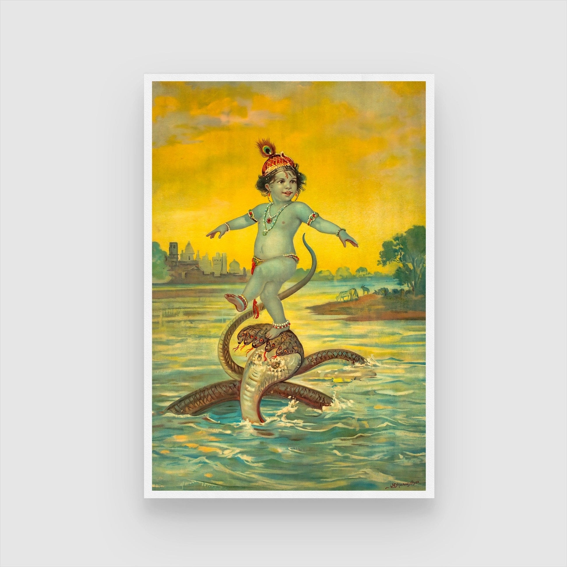 Lord Krishna's Triumph Over Kaliya - The Dance of Victory Painting 2 : 3 Vertical Premium Wall Art Canvas by MeriDeewar
