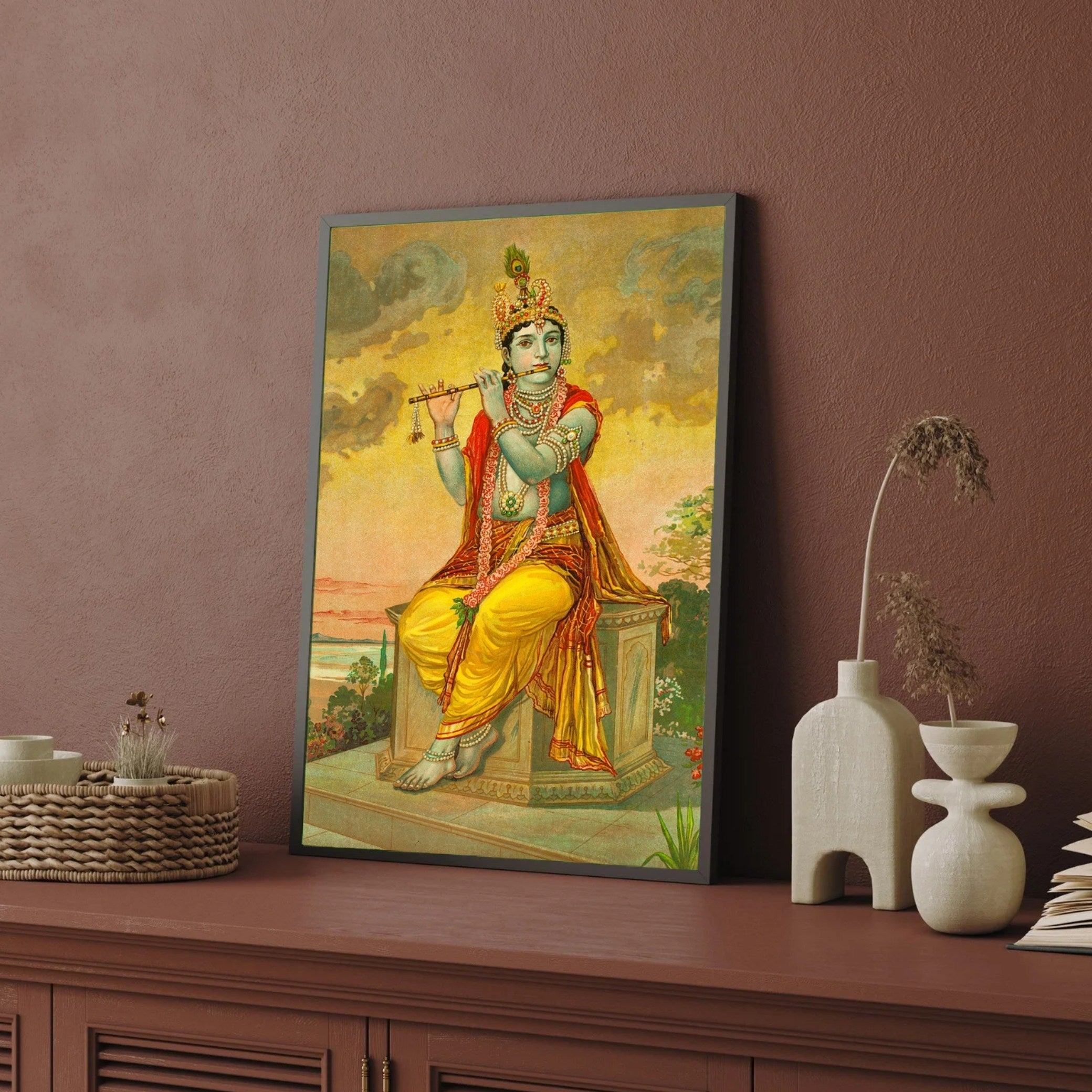 Lord Krishna with Flute - A Divine Moment of Melody 2 : 3 Vertical Premium Wall Art Canvas by MeriDeewar