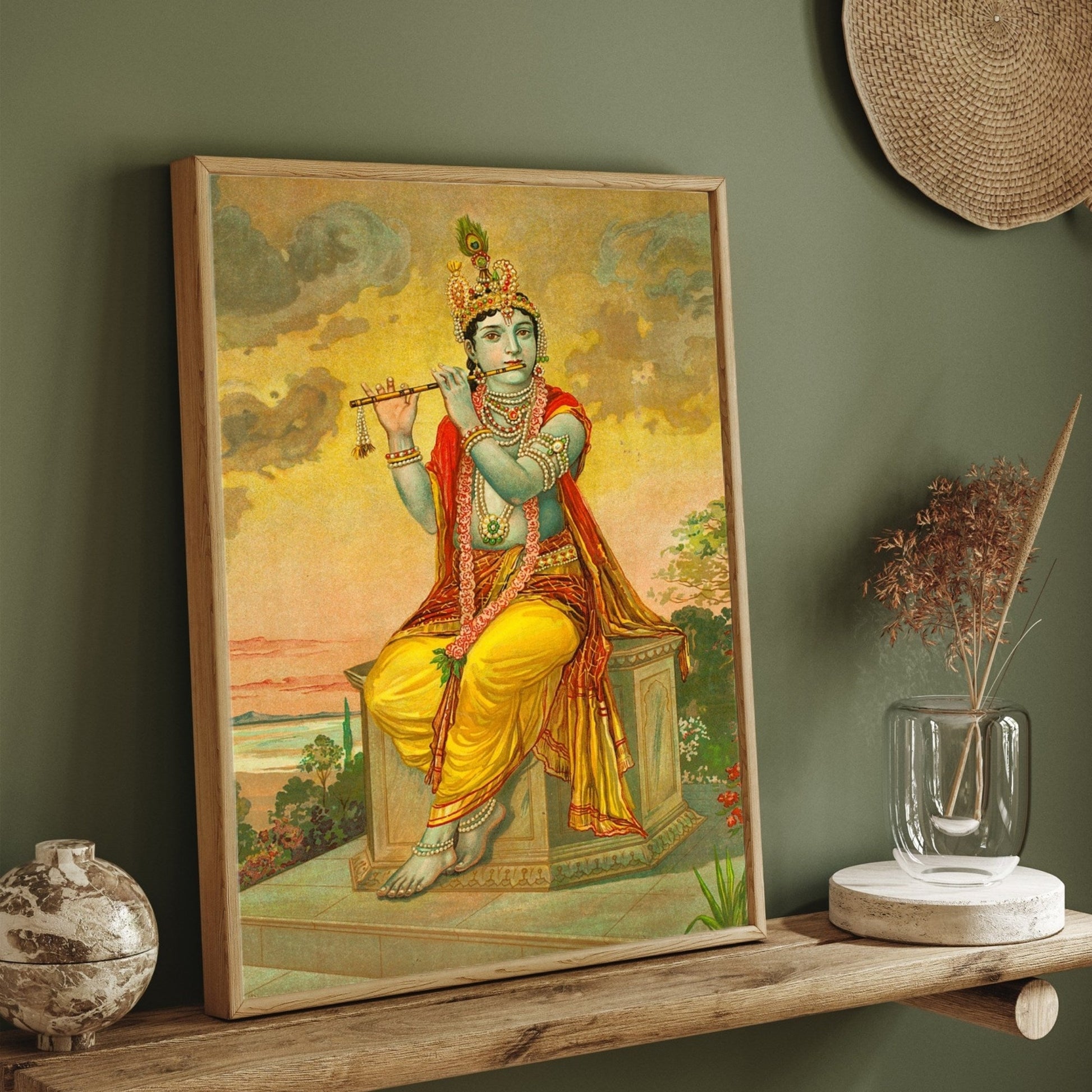Lord Krishna with Flute - A Divine Moment of Melody 2 : 3 Vertical Premium Wall Art Canvas by MeriDeewar