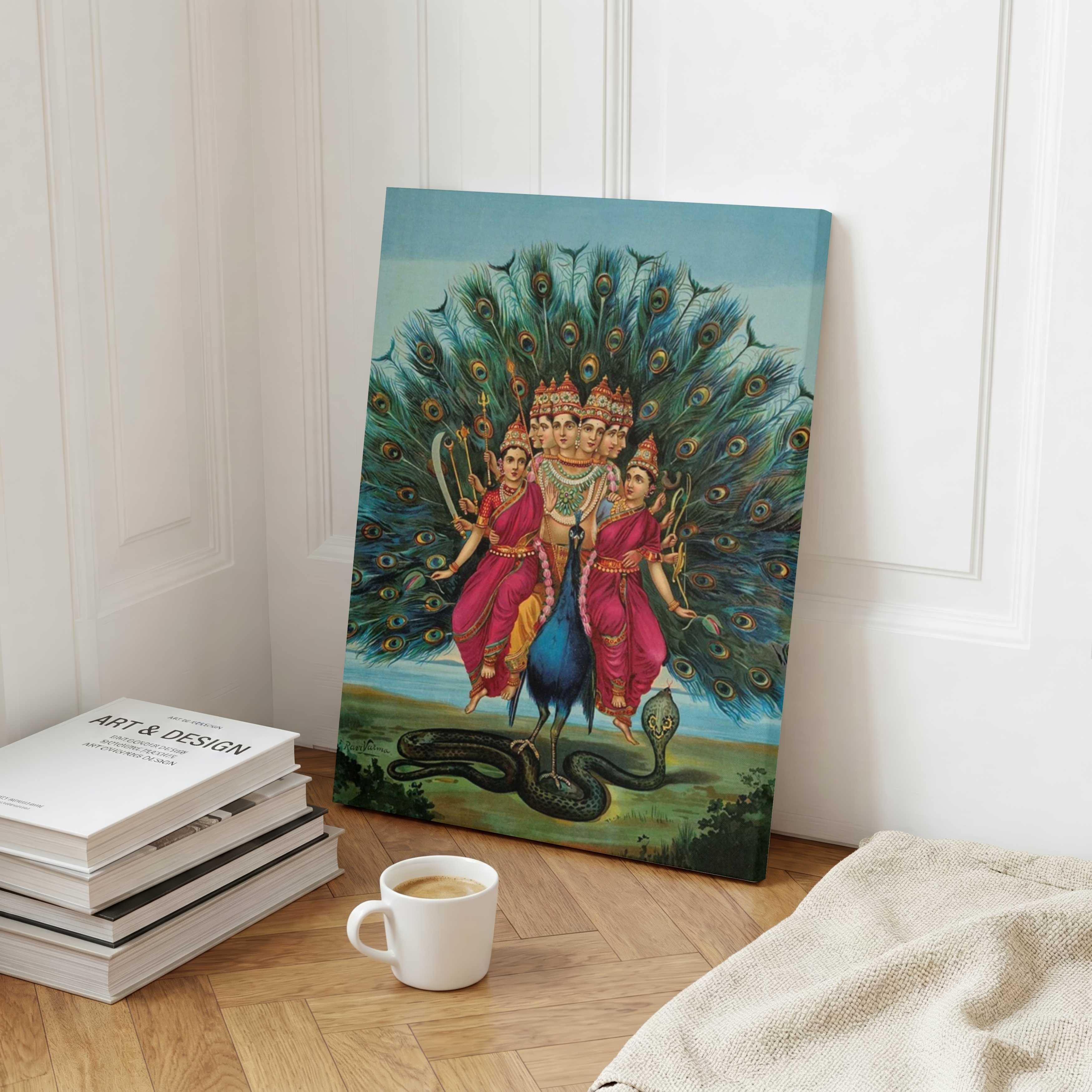 Lord Murugan Painting by Raja Ravi Varma – Kartikeya Peacock Spiritual Wall Art for Home 2 : 3 Vertical Premium Wall Art Canvas by MeriDeewar