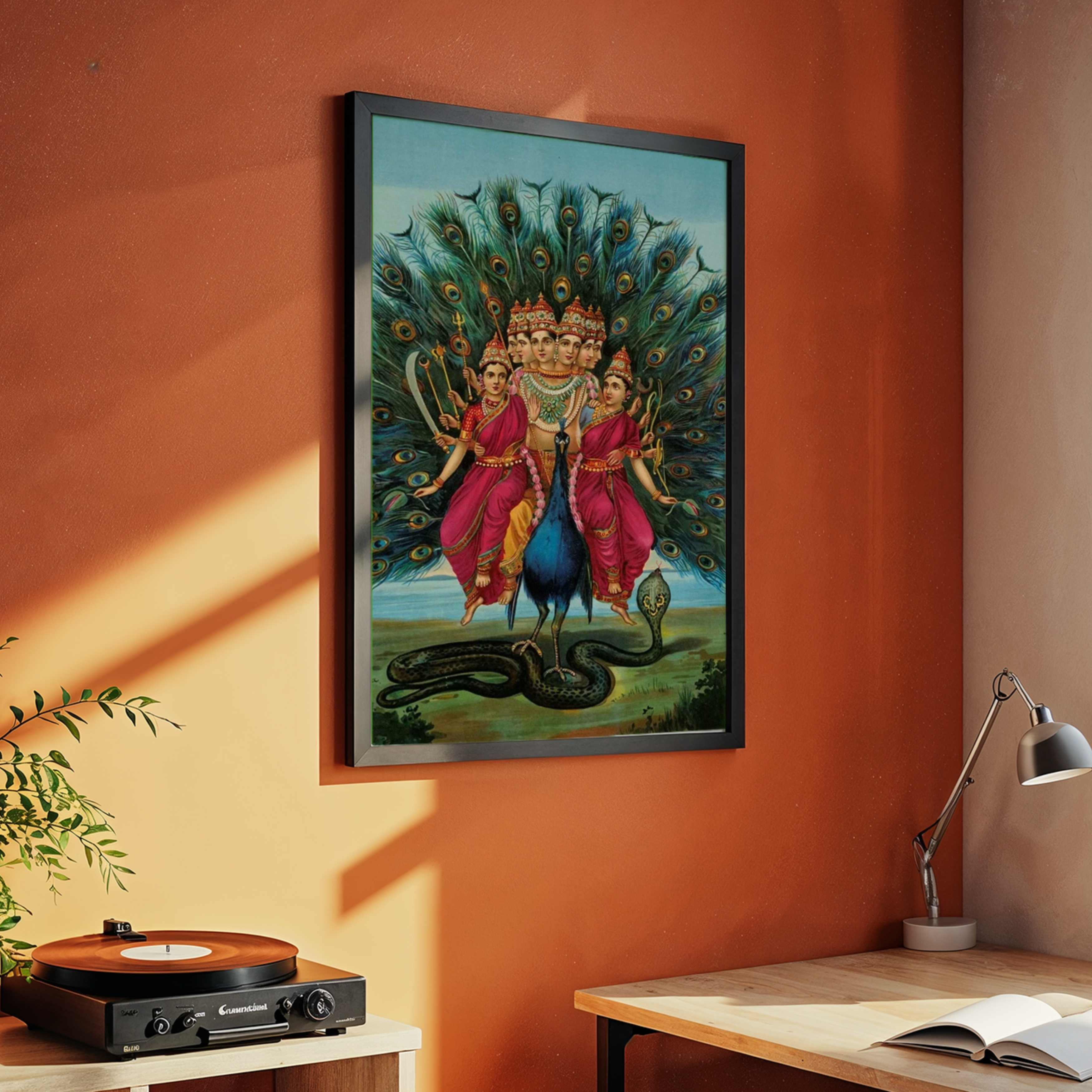 Lord Murugan Painting by Raja Ravi Varma – Kartikeya Peacock Spiritual Wall Art for Home 2 : 3 Vertical Premium Wall Art Canvas by MeriDeewar