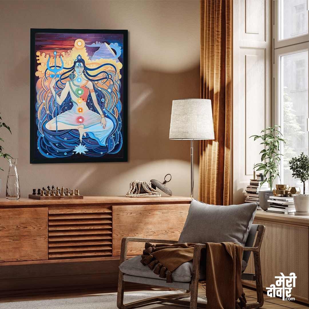 Lord Shiva Meditation Painting for Living Room | Chakra Spiritual Wall Art | Meri Deewar 3 : 4 Vertical Premium Wall Art Canvas by MeriDeewar