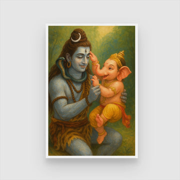 Lord Shiva with Baby Ganesha – Divine Father & Son Spiritual Wall Art 2 : 3 Vertical Premium Wall Art Canvas by MeriDeewar