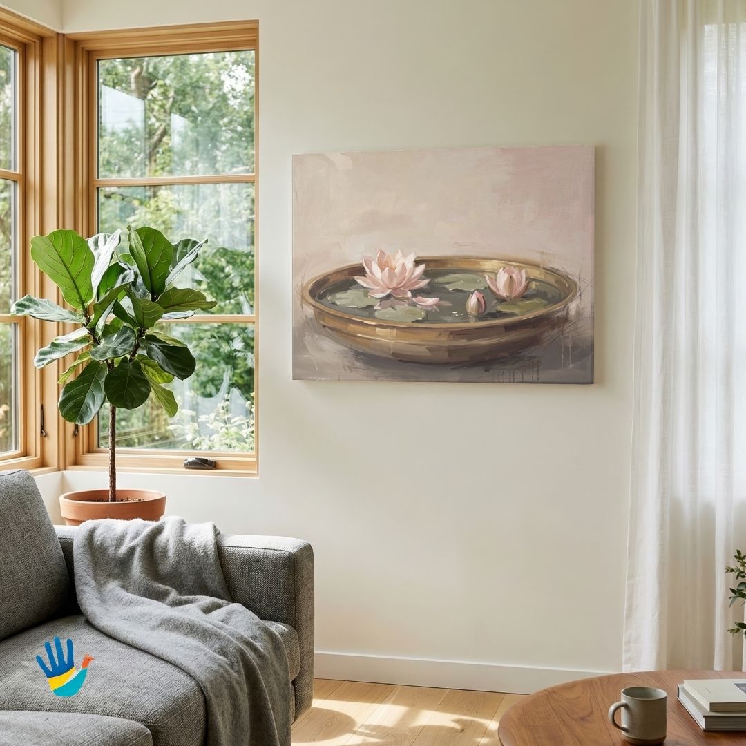 Lotus in an Urli | Expressive Lotus Still Life Art 3 : 2 Horizontal Premium Wall Art Canvas by MeriDeewar