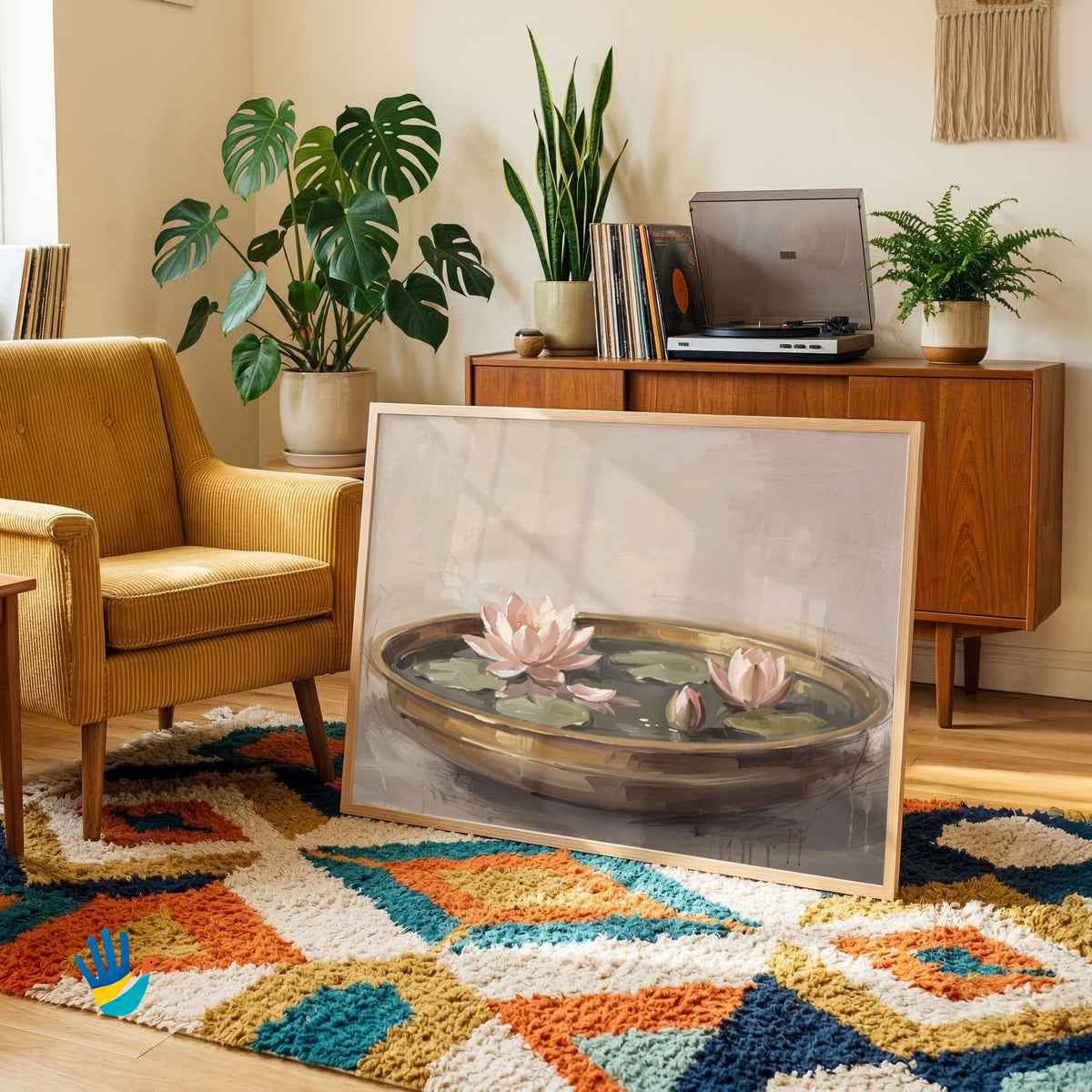 Lotus in an Urli | Expressive Lotus Still Life Art 3 : 2 Horizontal Premium Wall Art Canvas by MeriDeewar