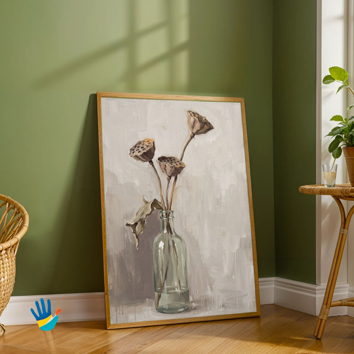 Lotus Pods in a Glass Bottle | Dried Floral Art 2 : 3 Vertical Premium Wall Art Canvas by MeriDeewar