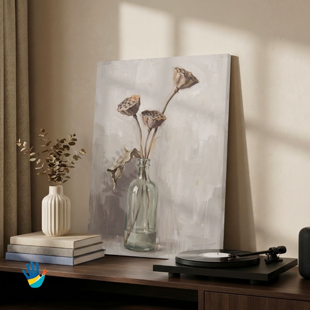 Lotus Pods in a Glass Bottle | Dried Floral Art 2 : 3 Vertical Premium Wall Art Canvas by MeriDeewar