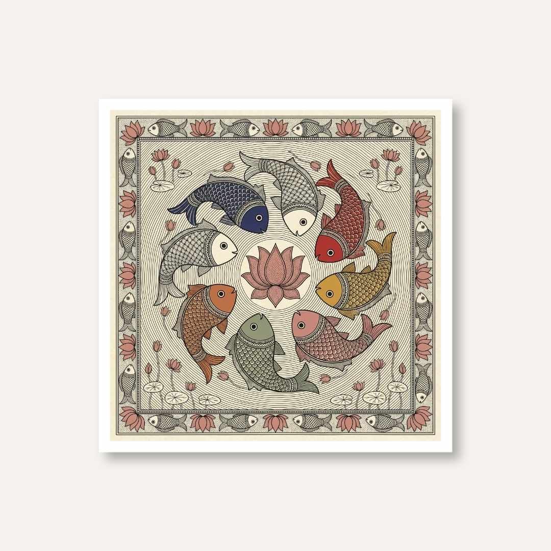 "Madhubani Circle of Abundance" Traditional Indian Folk Art Giclée Print | Fine Art Wall Art 1 : 1 Square Premium Wall Art Canvas by MeriDeewar