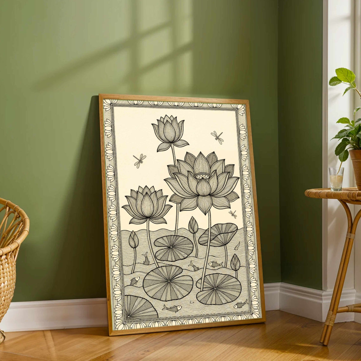 "Madhubani Lotus Pond" Traditional Indian Folk Art Giclée Print | Fine Art Wall Art 2 : 3 Vertical Premium Wall Art Canvas by MeriDeewar