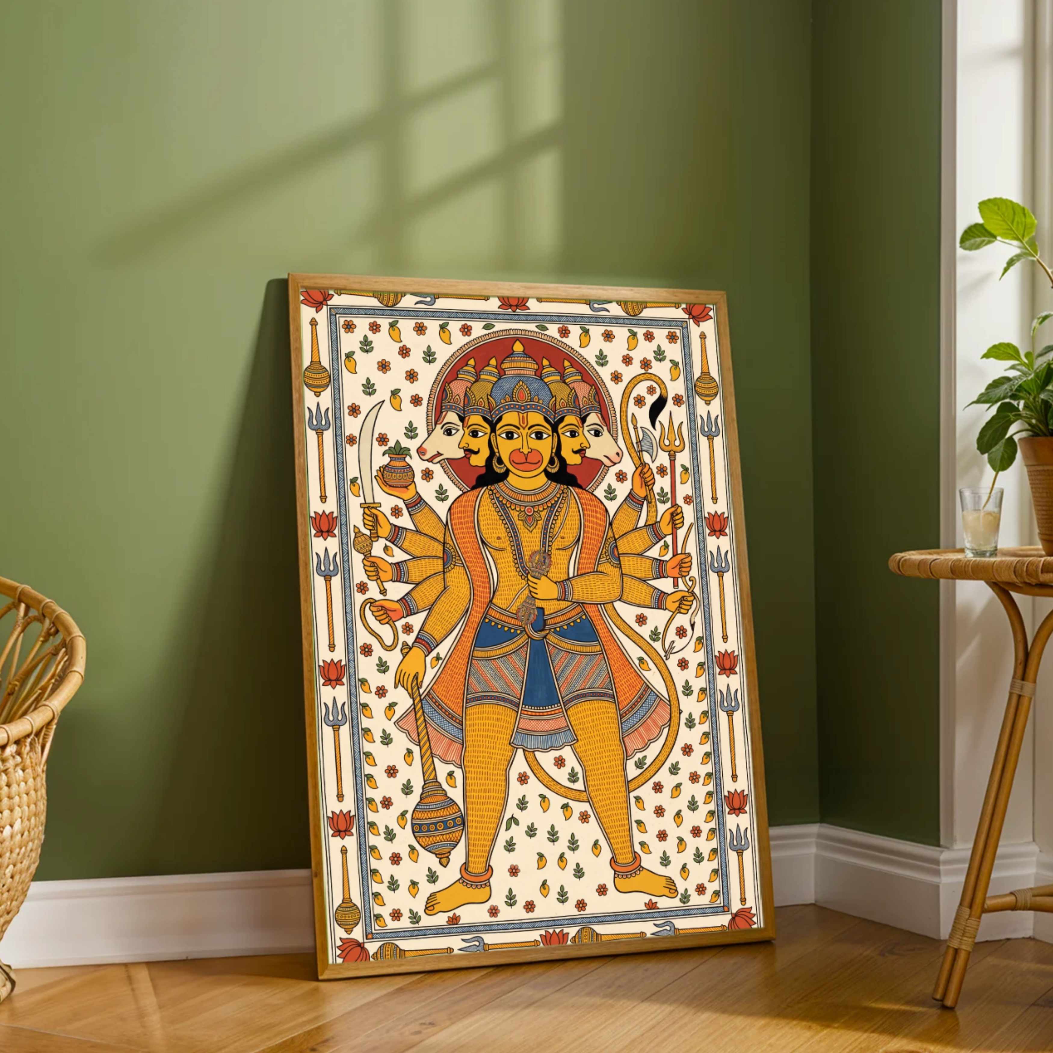 "Madhubani Panchamukhi Hanuman" Traditional Indian Folk Art Giclée Print | Fine Art Wall Art 2 : 3 Vertical Premium Wall Art Canvas by MeriDeewar