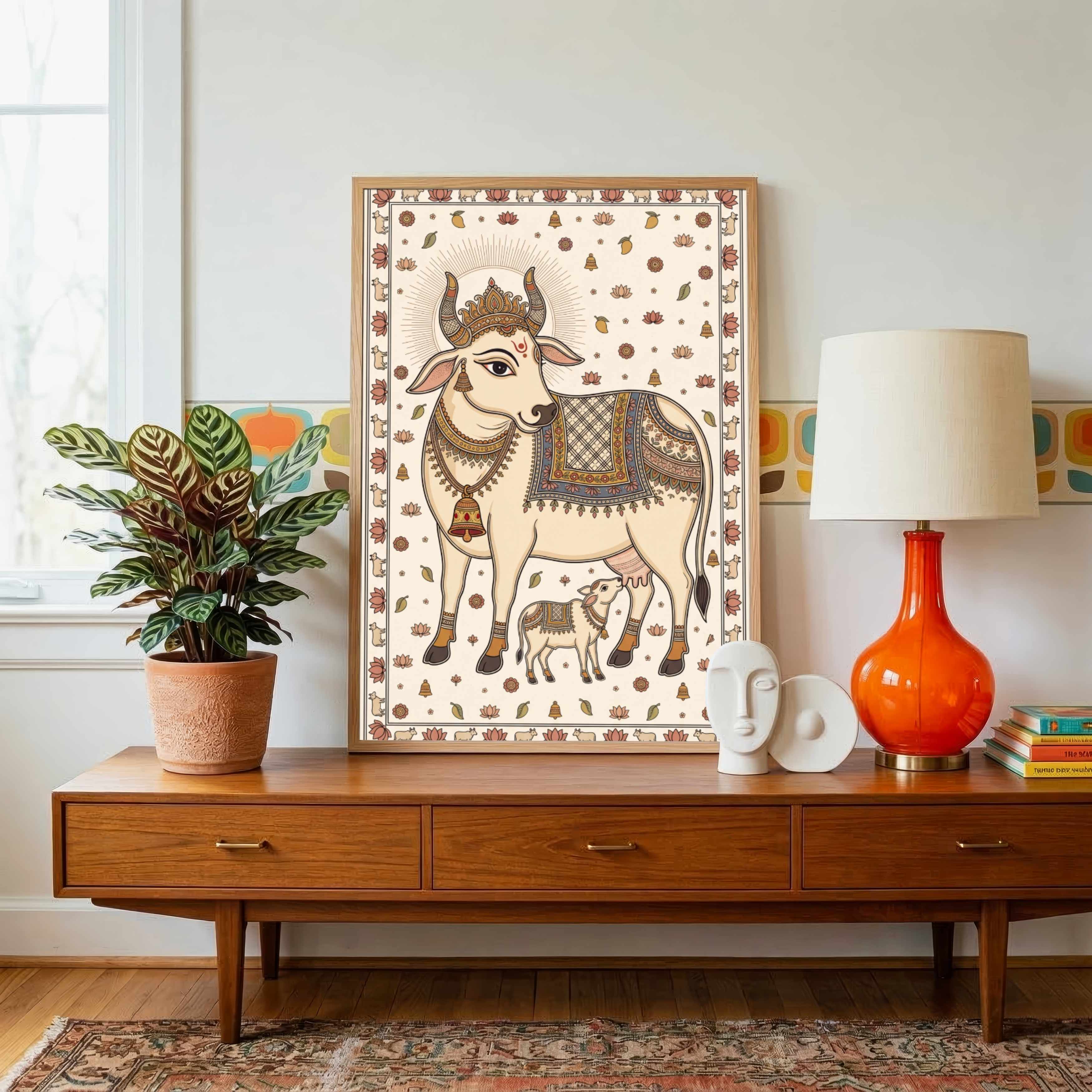 "Madhubani Sacred Cow and Calf" Traditional Indian Folk Art Giclée Print | Fine Art Wall Art 2 : 3 Vertical Premium Wall Art Canvas by MeriDeewar