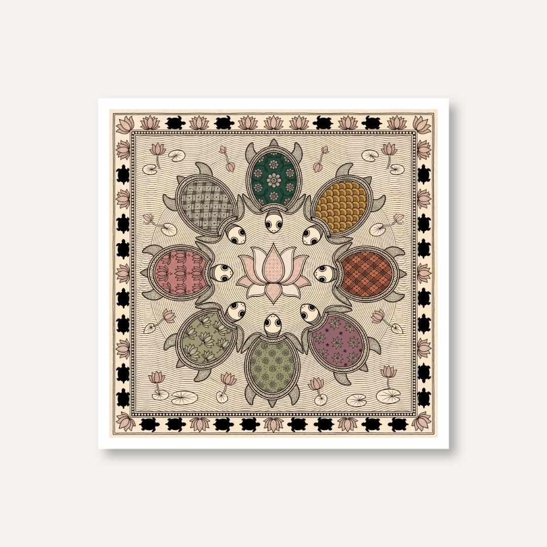 "Madhubani Turtles" Traditional Indian Folk Art Giclée Print | Fine Art Wall Art 1 : 1 Square Premium Wall Art Canvas by MeriDeewar
