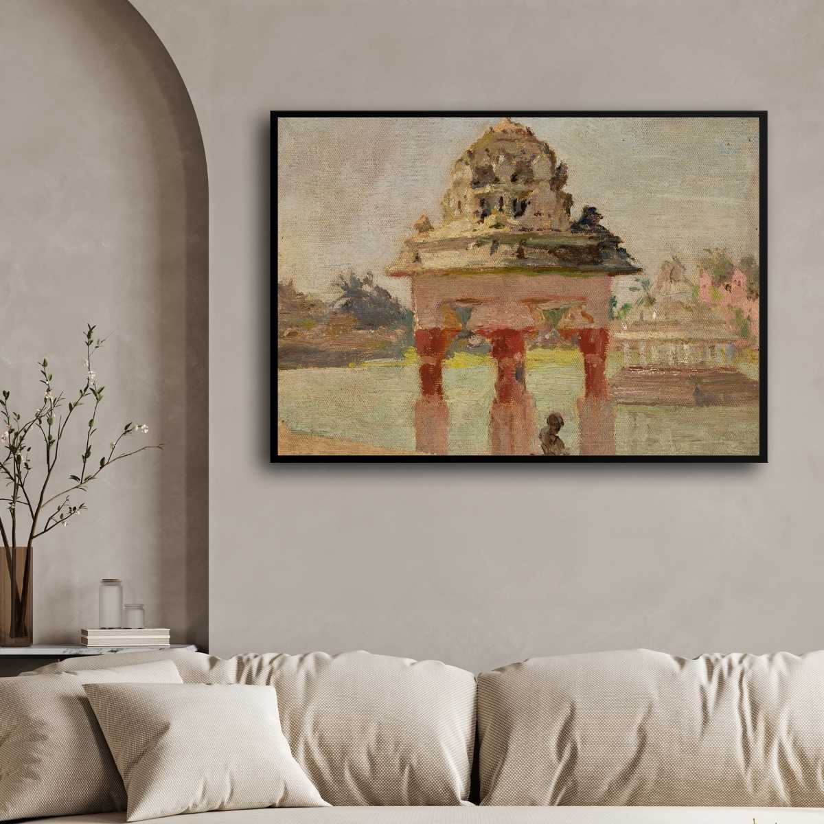 Madras Temple Pavilion Oil Painting | Horizontal Framed Print 4 : 3 Horizontal Premium Wall Art Canvas by MeriDeewar